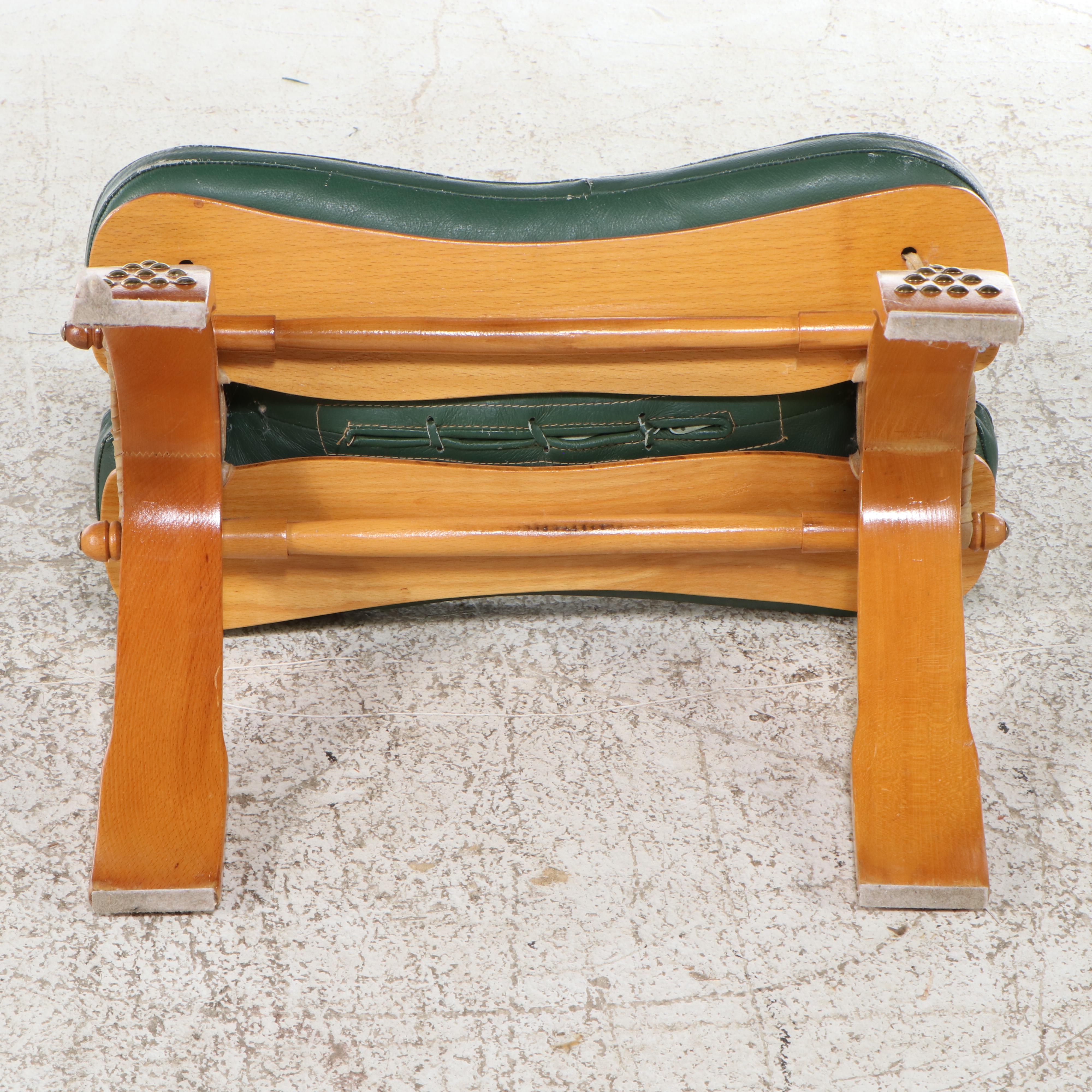 Beech Camel Saddle Stool with Green Leather Cushion