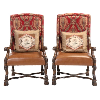Pair of Renaissance Style Upholstered Armchairs with Accent Pillows Pair of Renaissance Style Upholstered Armchairs with Accent Pillows