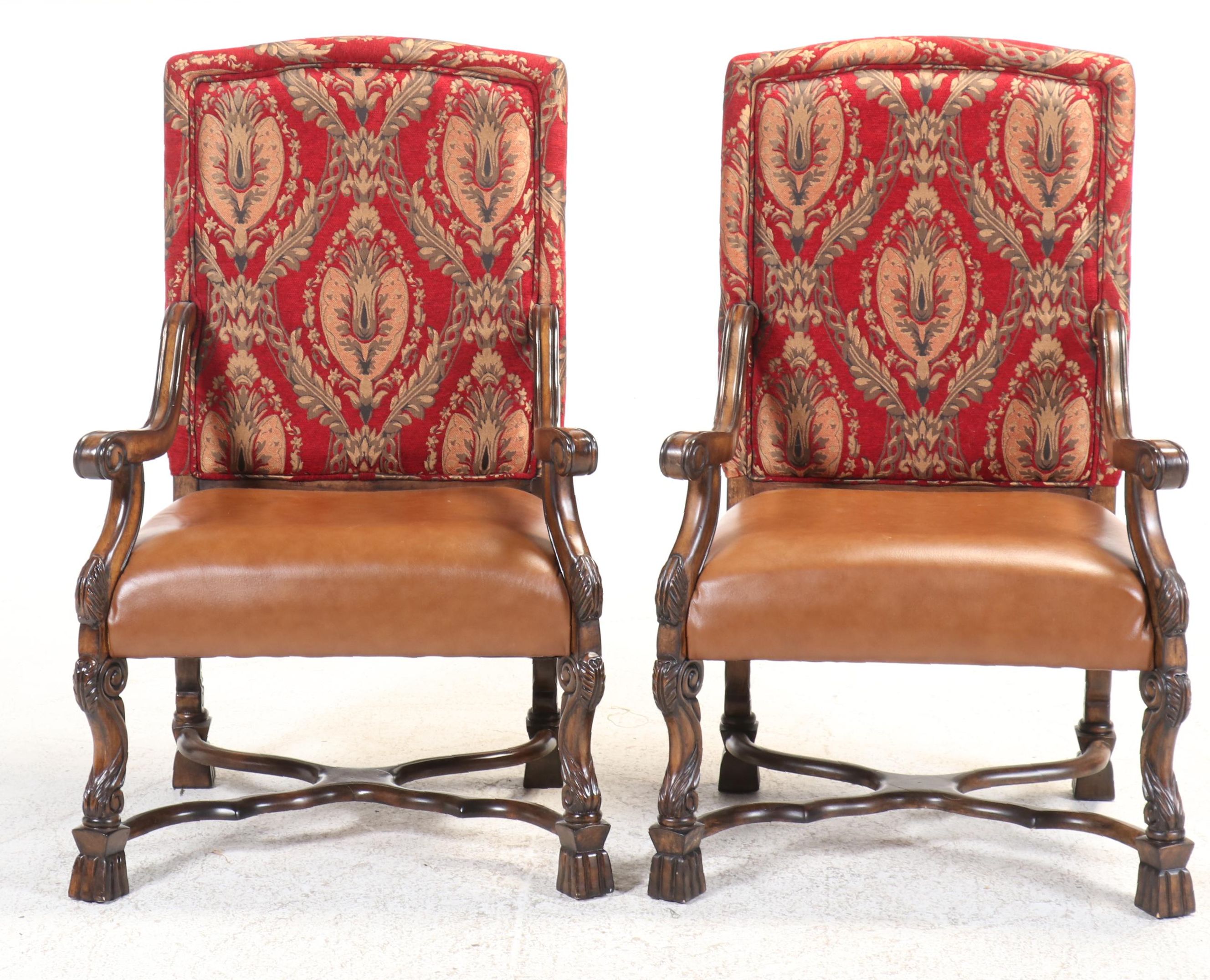Pair of Renaissance Style Upholstered Armchairs with Accent Pillows