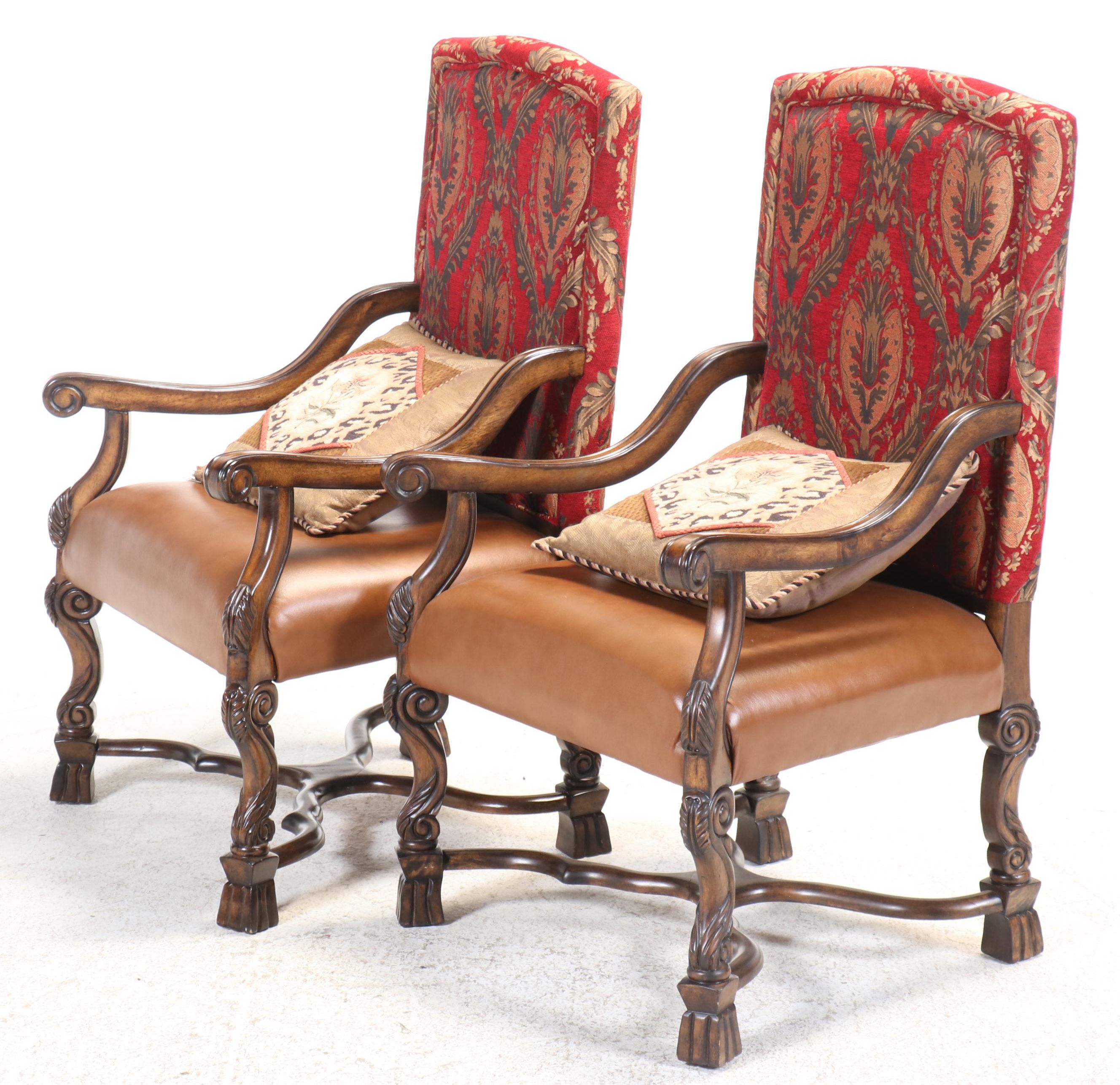 Pair of Renaissance Style Upholstered Armchairs with Accent Pillows