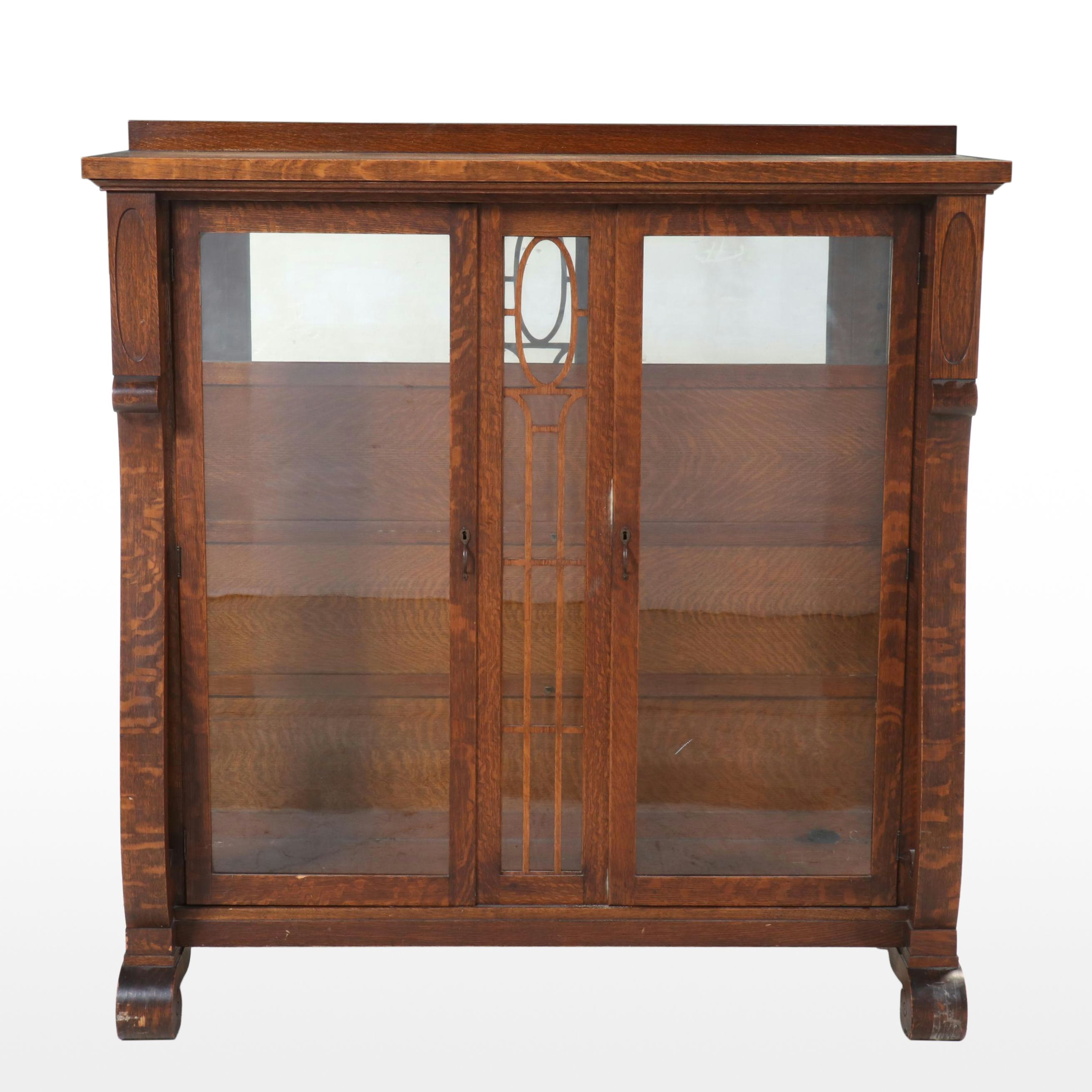 Empire Revival Oak China Cabinet with Mirrored Back, Early 20th Century