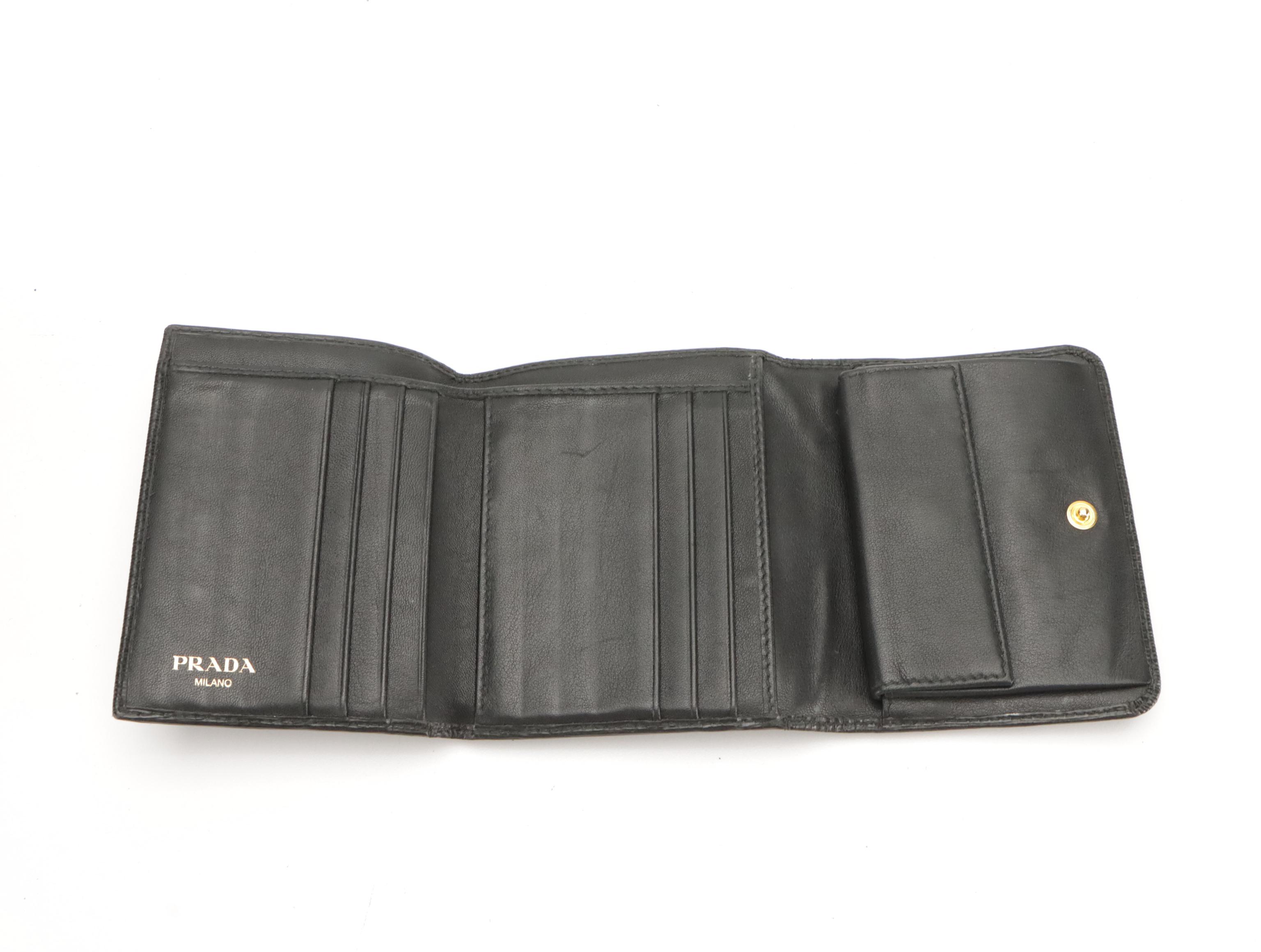 Prada Tri-Fold Compact Wallet in Black Textured Leather