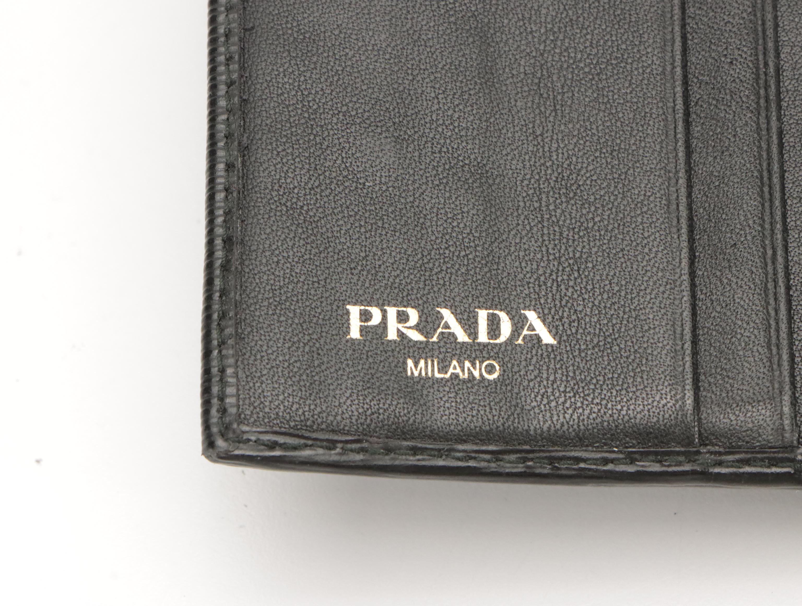 Prada Tri-Fold Compact Wallet in Black Textured Leather