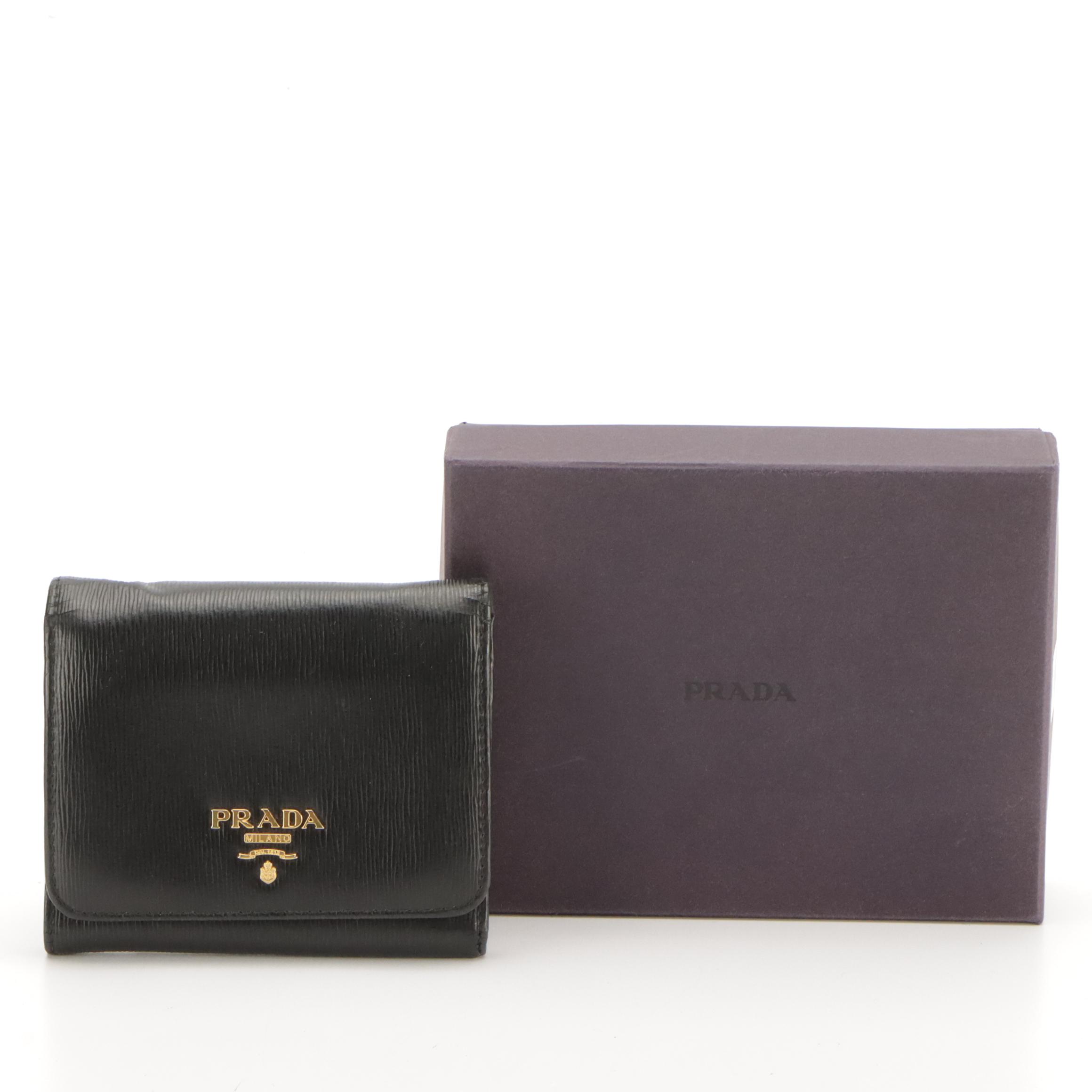 Prada Tri-Fold Compact Wallet in Black Textured Leather