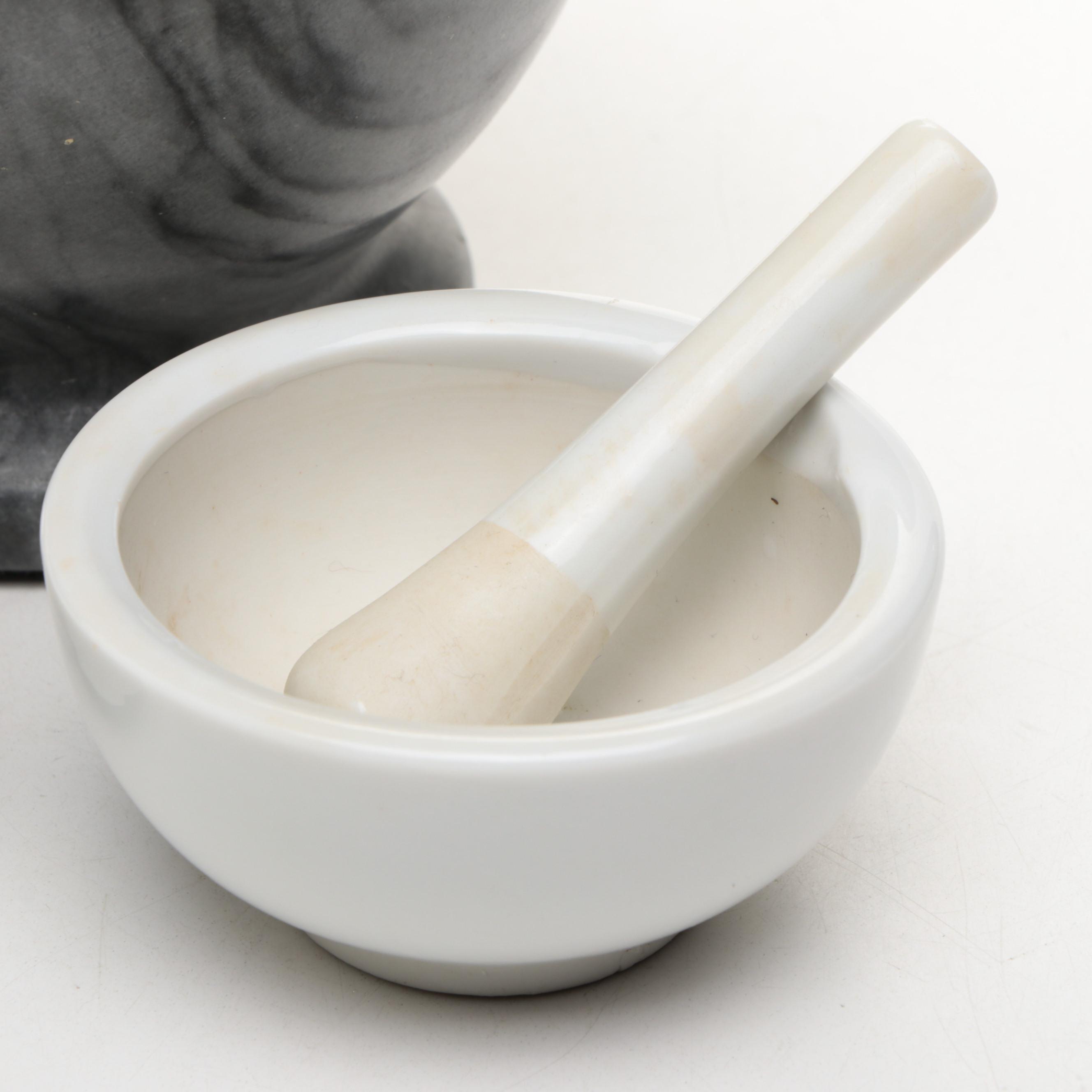 Crate & Barrel Marble Mortar and Pestle with Pair of Ceramic Mortar and Pestles