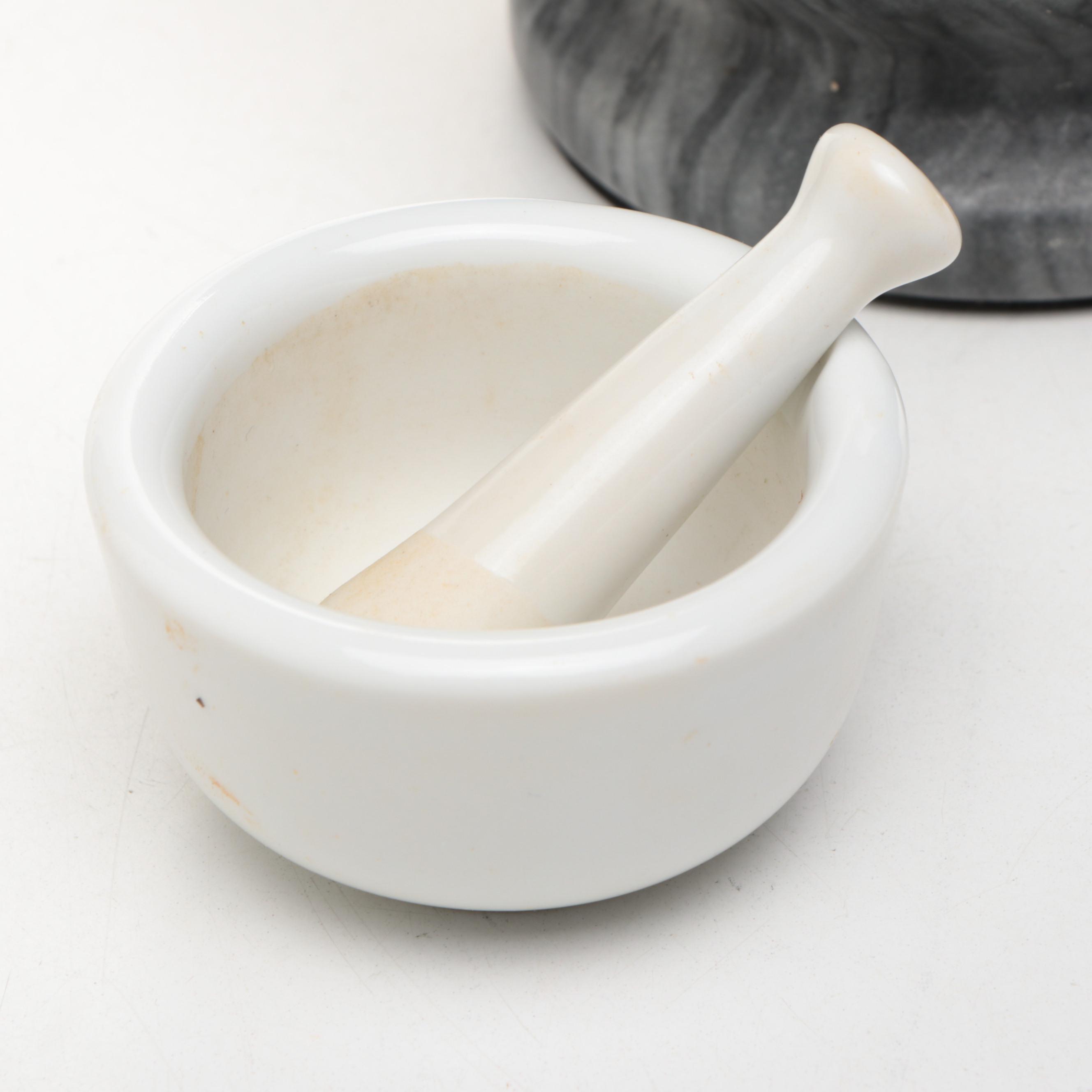 Crate & Barrel Marble Mortar and Pestle with Pair of Ceramic Mortar and Pestles