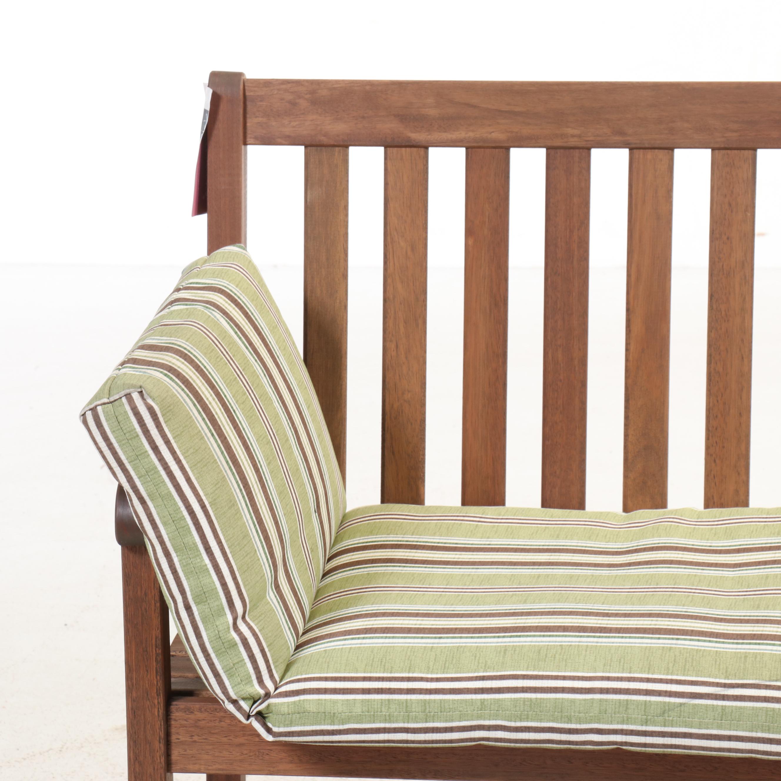 Eucalyptus Outdoor Bench with Green Striped Cushion