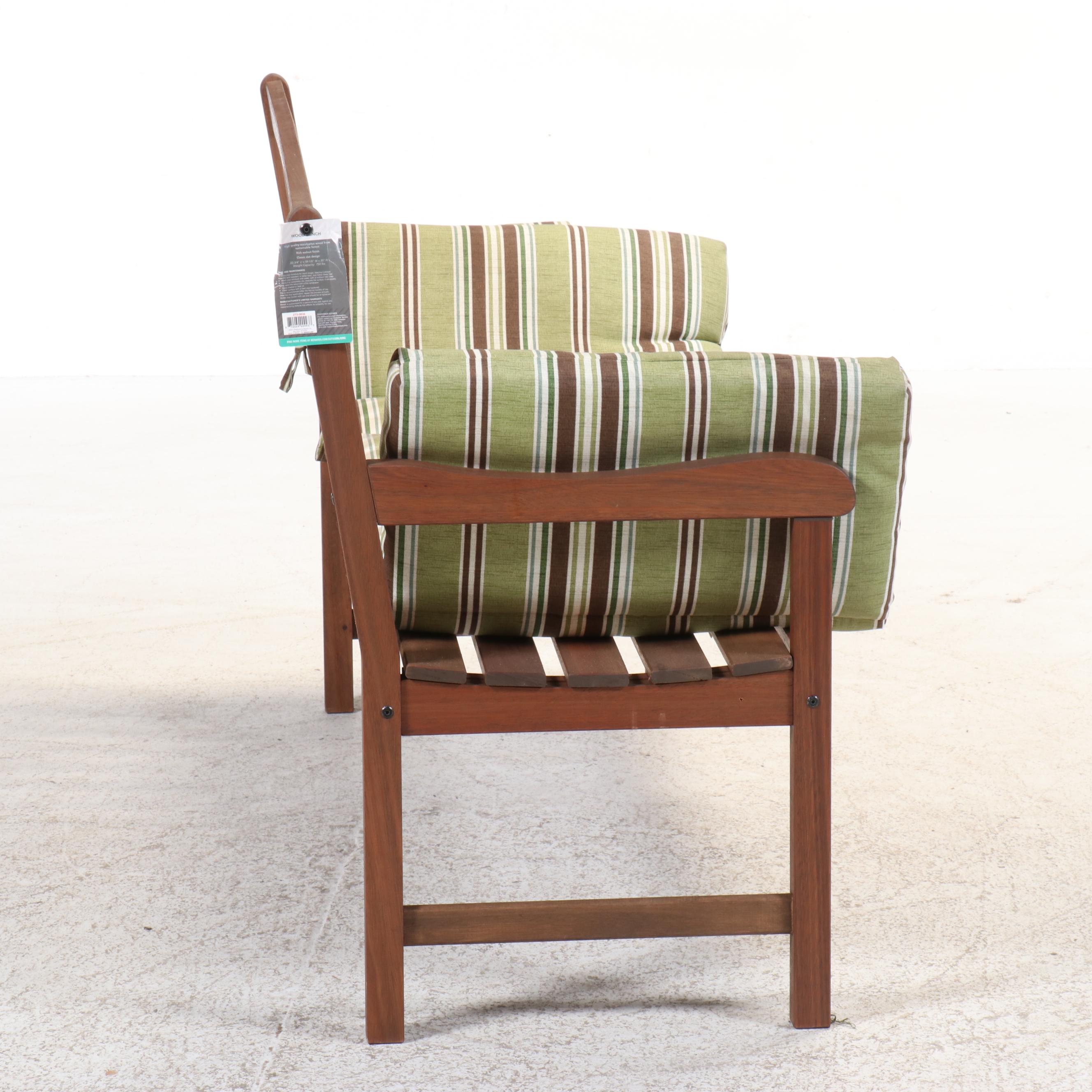 Eucalyptus Outdoor Bench with Green Striped Cushion
