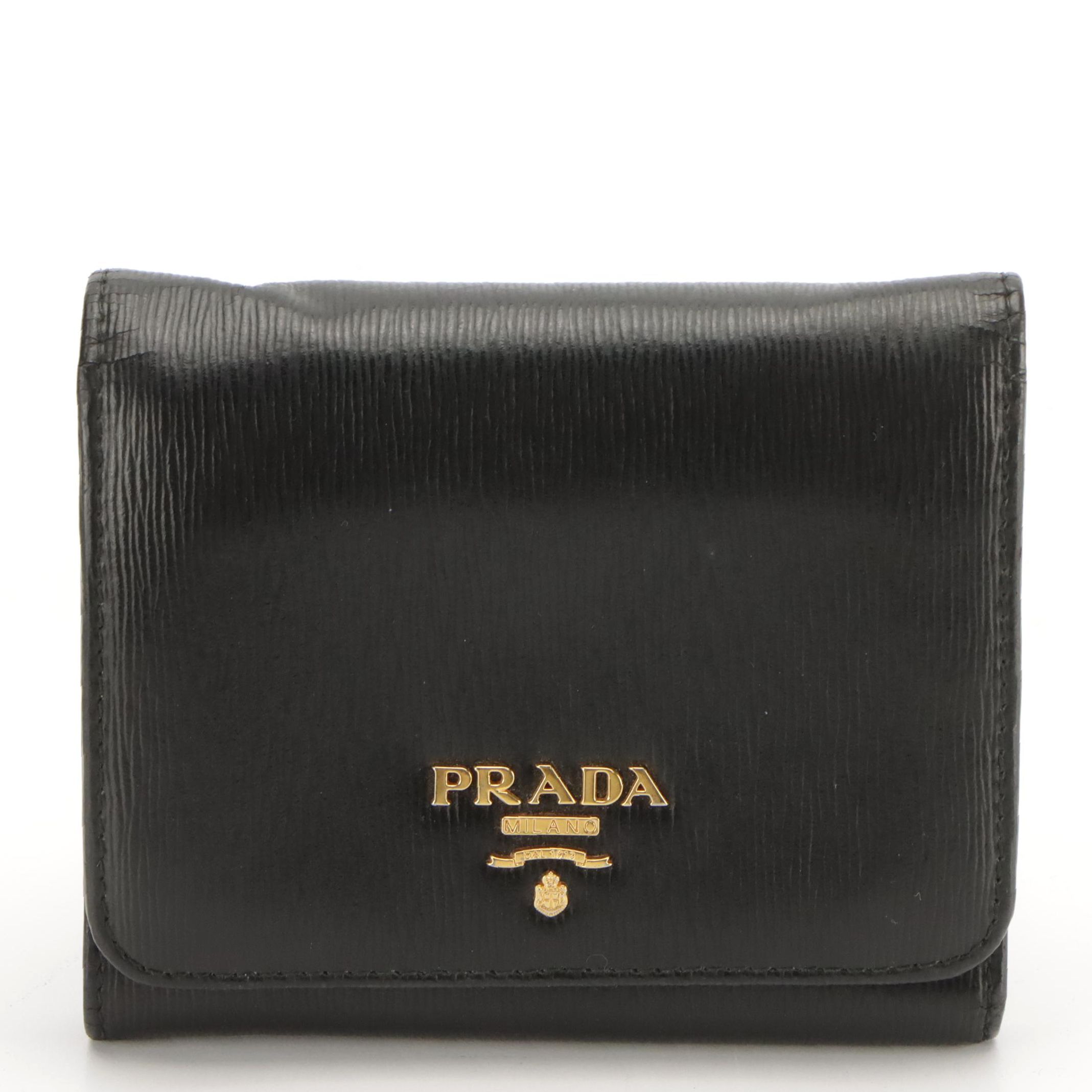 Prada Tri-Fold Compact Wallet in Black Textured Leather