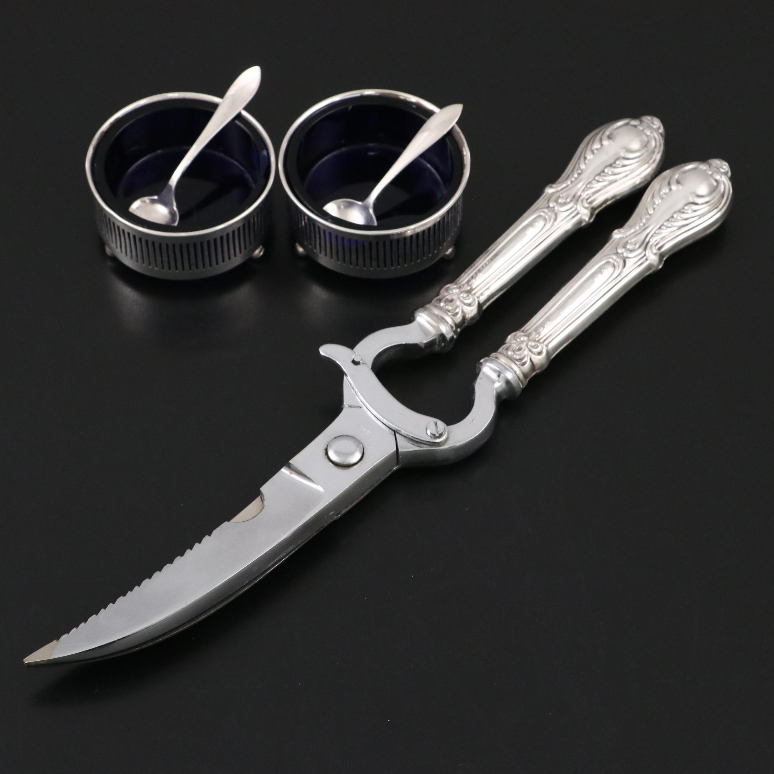 Caldwell Sterling Salt Cellars with Sterling Spoons and Crown Sterling Shears
