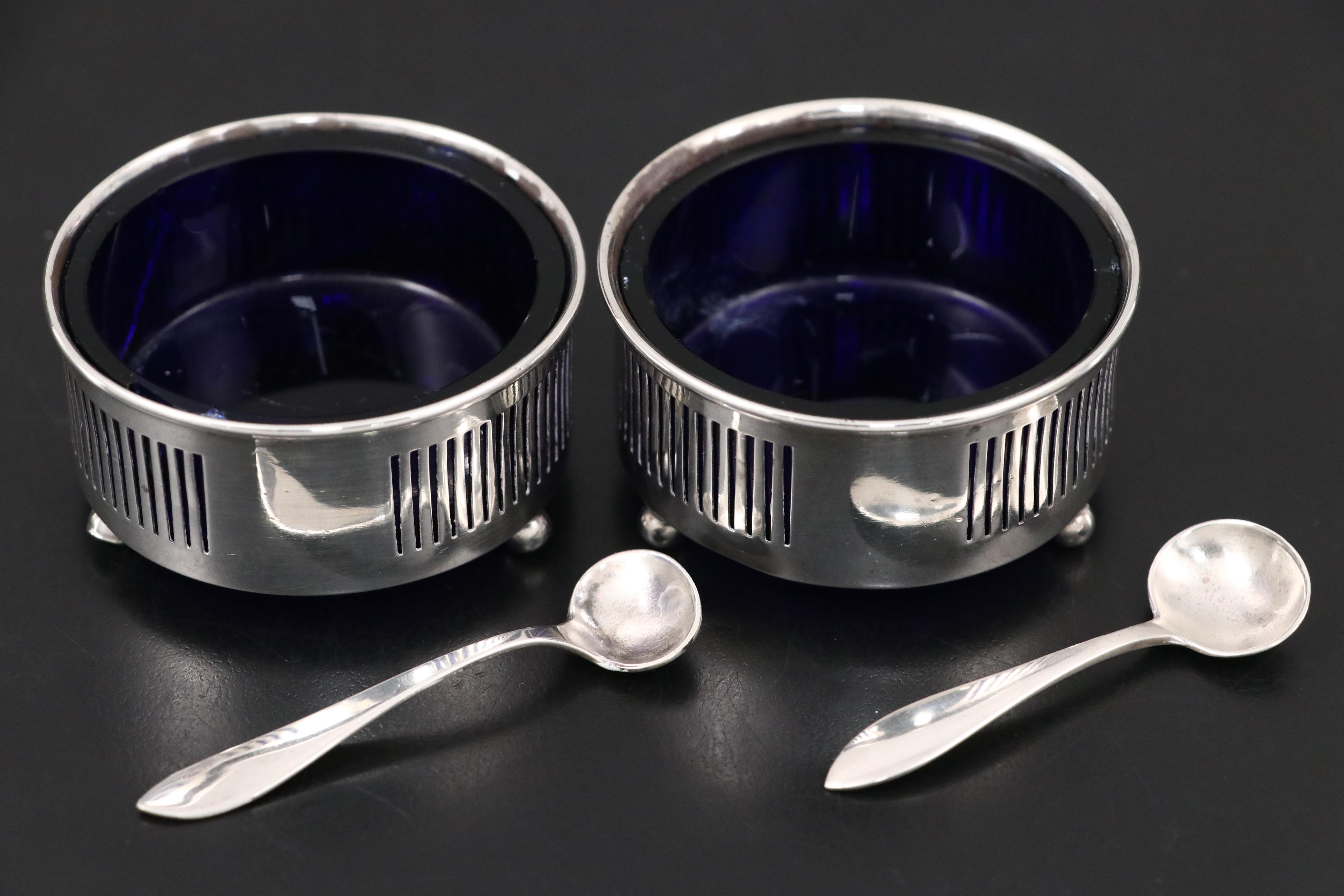 Caldwell Sterling Salt Cellars with Sterling Spoons and Crown Sterling Shears
