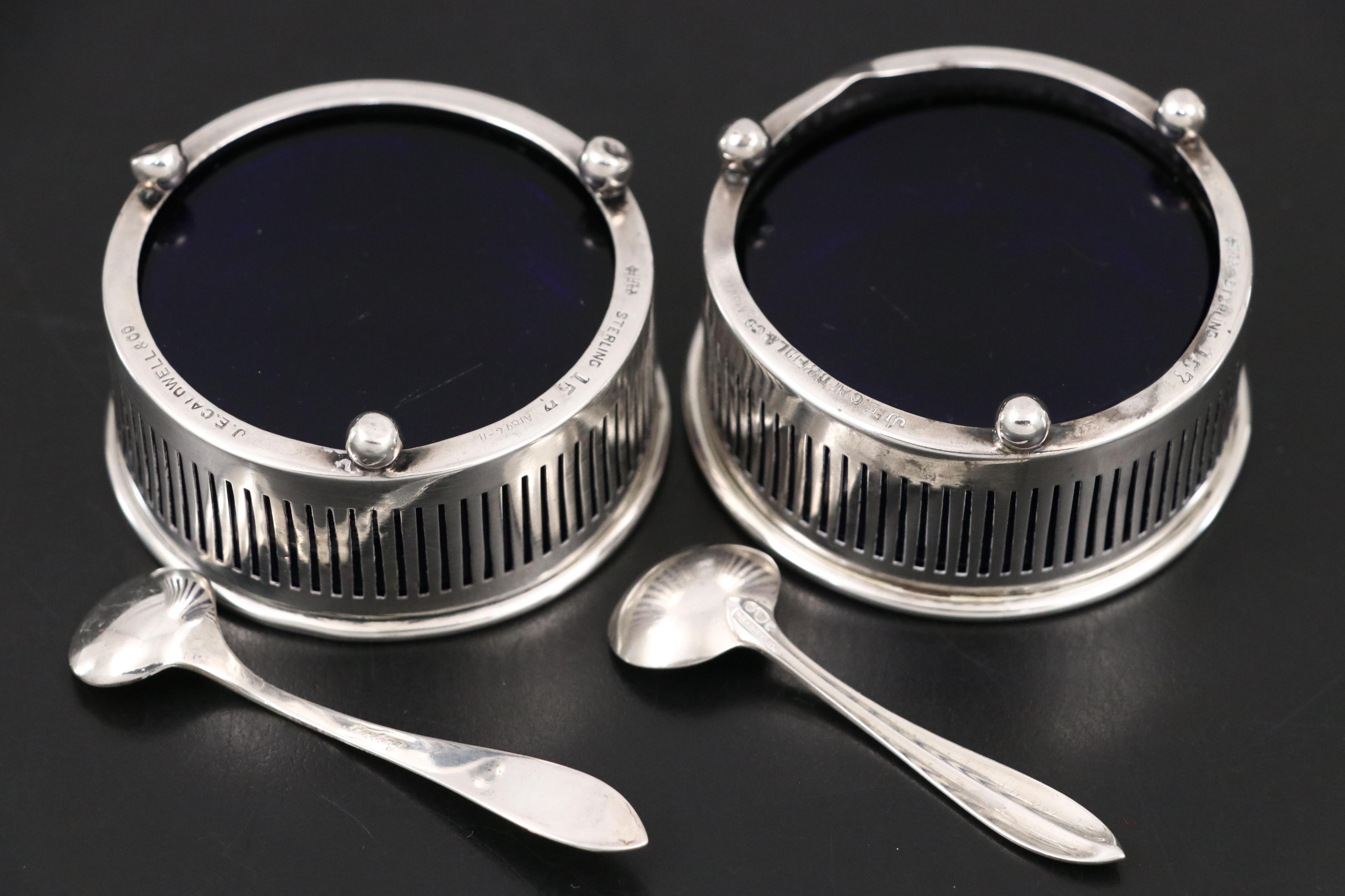 Caldwell Sterling Salt Cellars with Sterling Spoons and Crown Sterling Shears