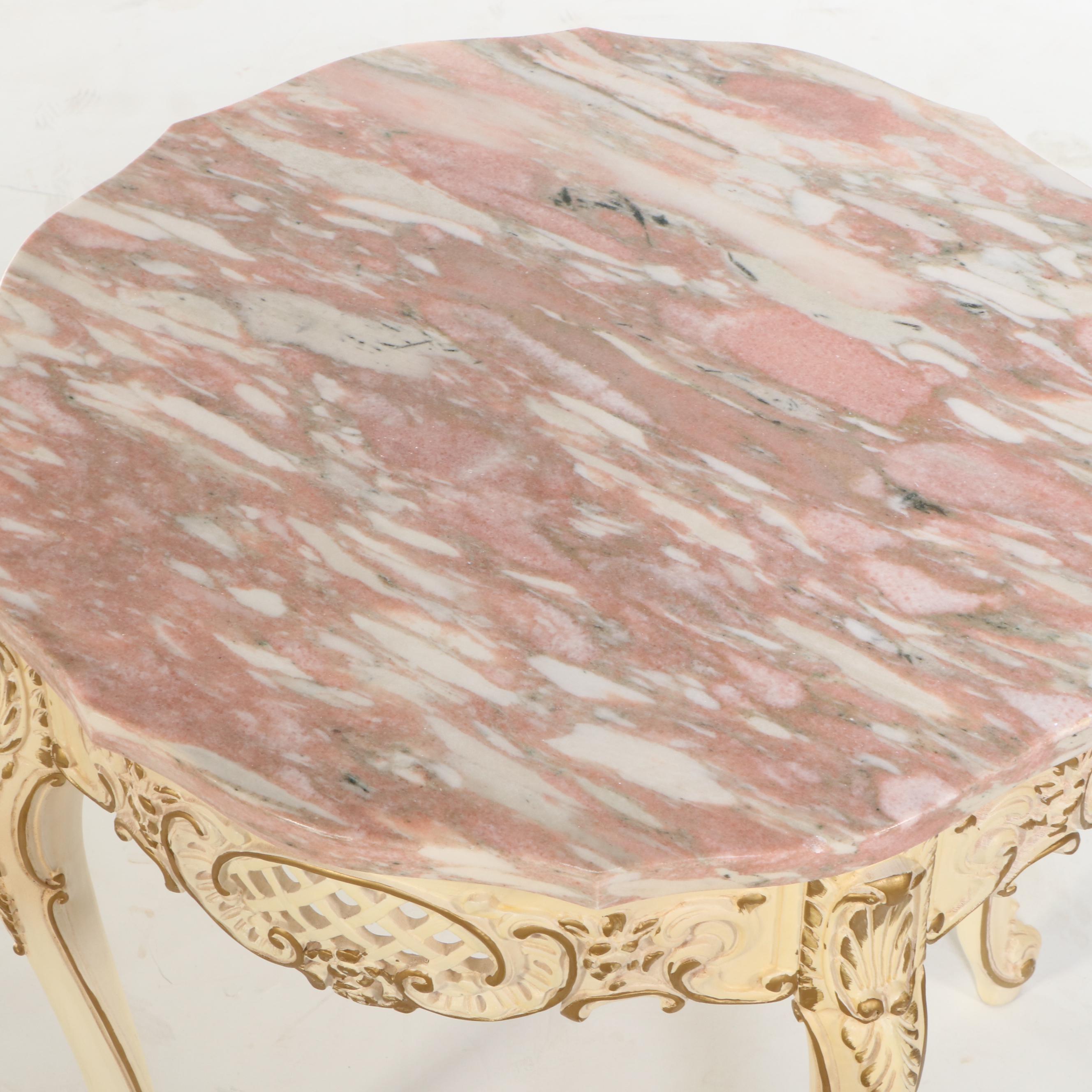 French Provincial Style End Table with Pink Marble