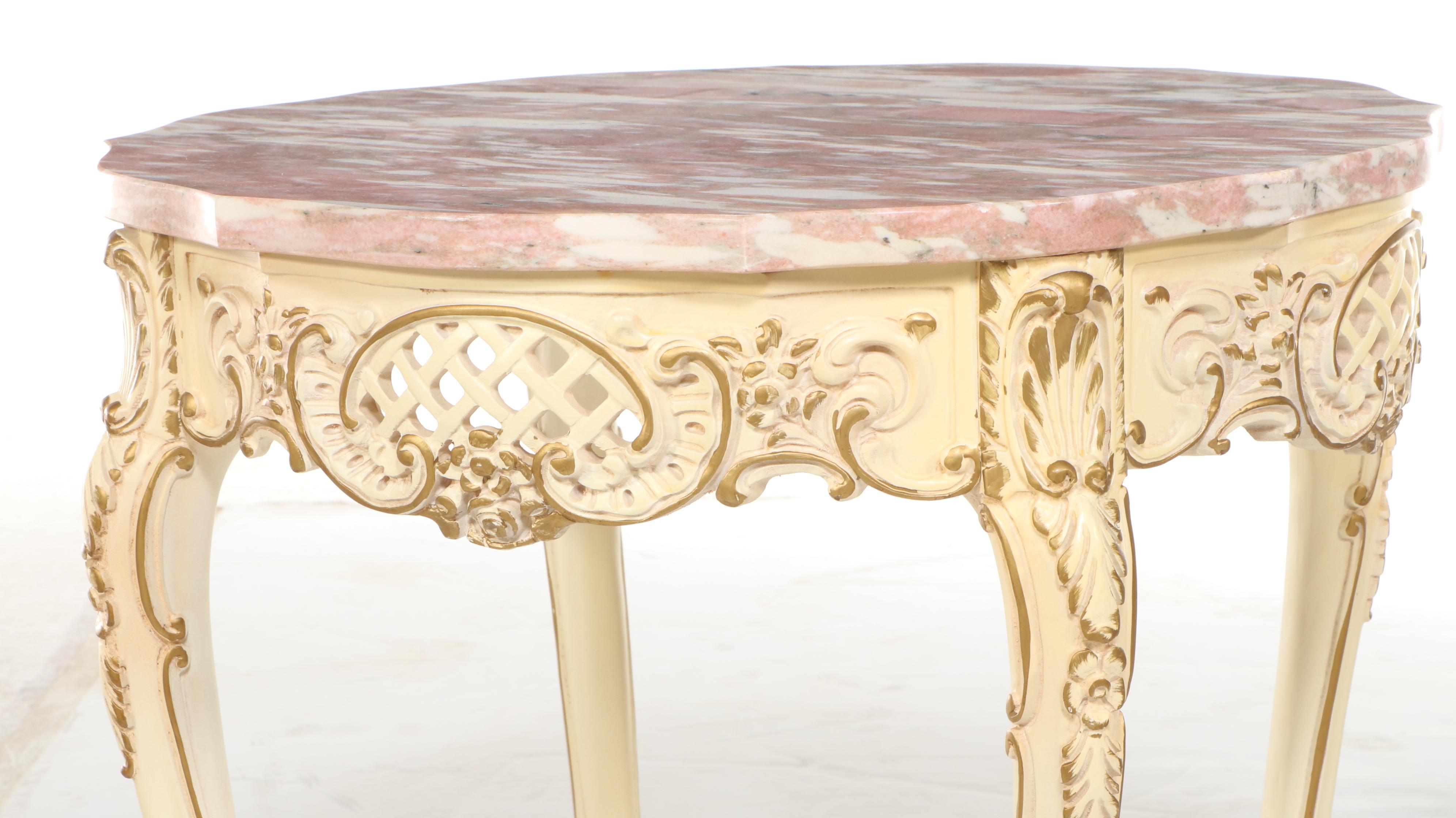 French Provincial Style End Table with Pink Marble