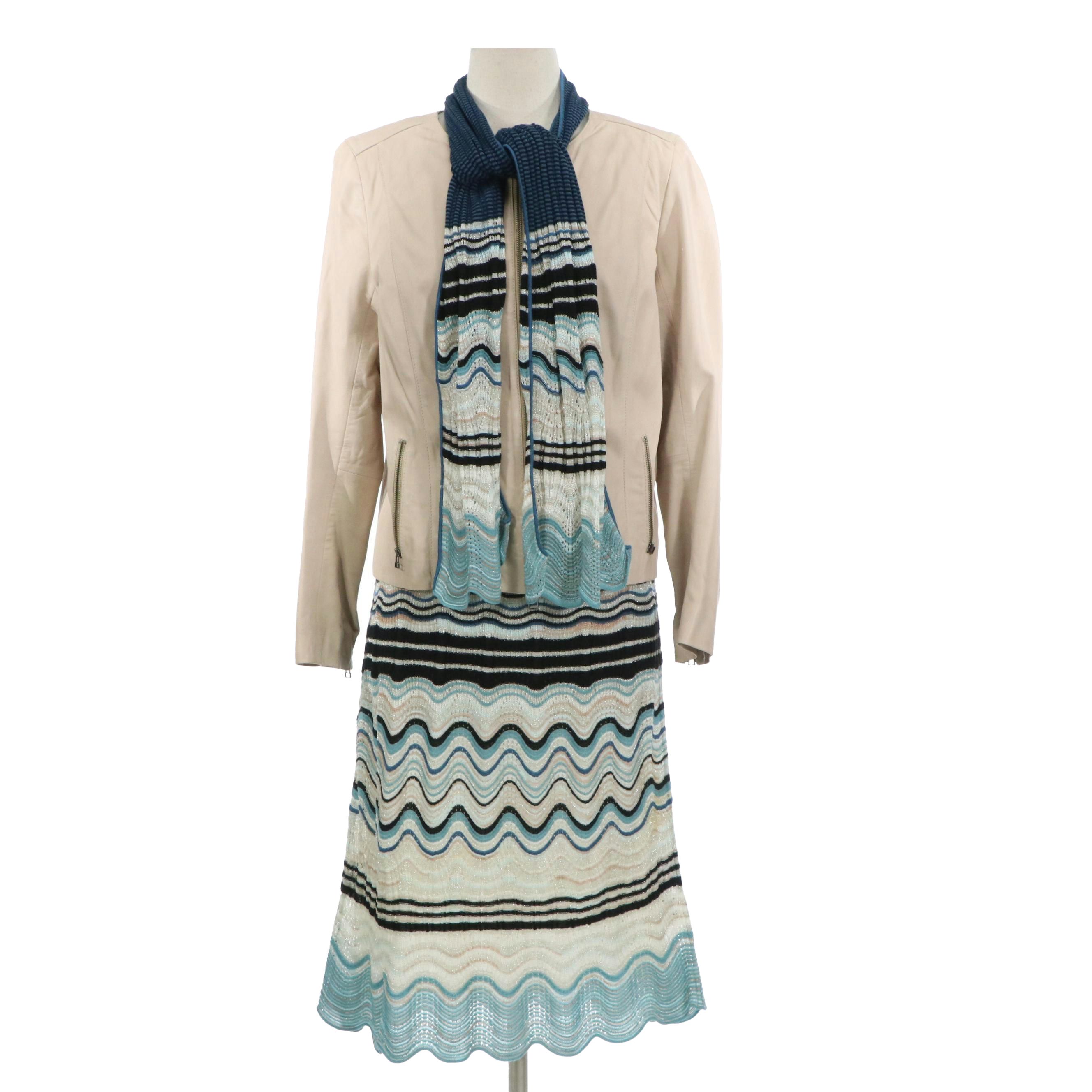 Halogen Leather Zip Jacket and Unmarked Knit Skirt with Matching Scarf