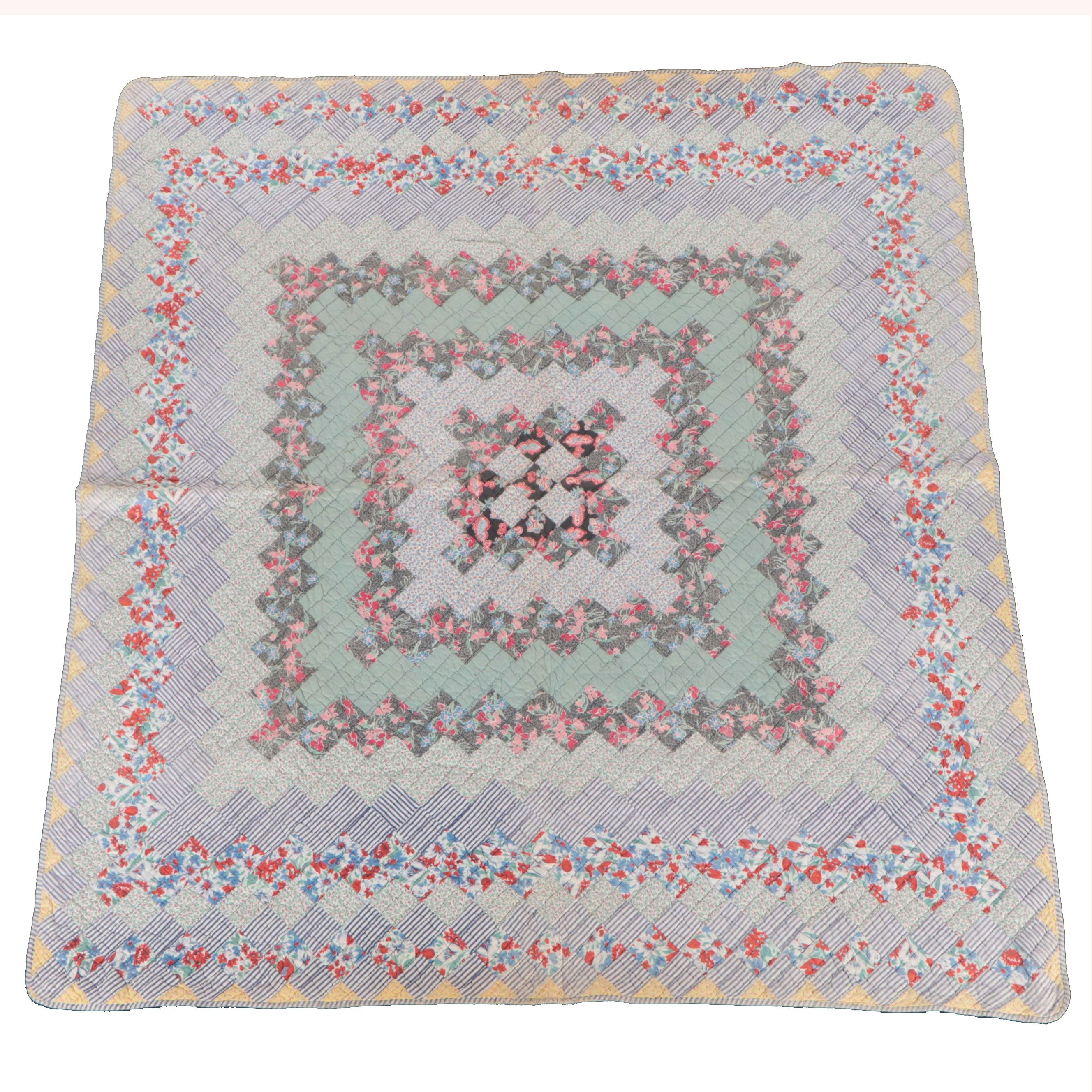Hand-Pieced Calico Scrappy Diamond Cotton Quilt
