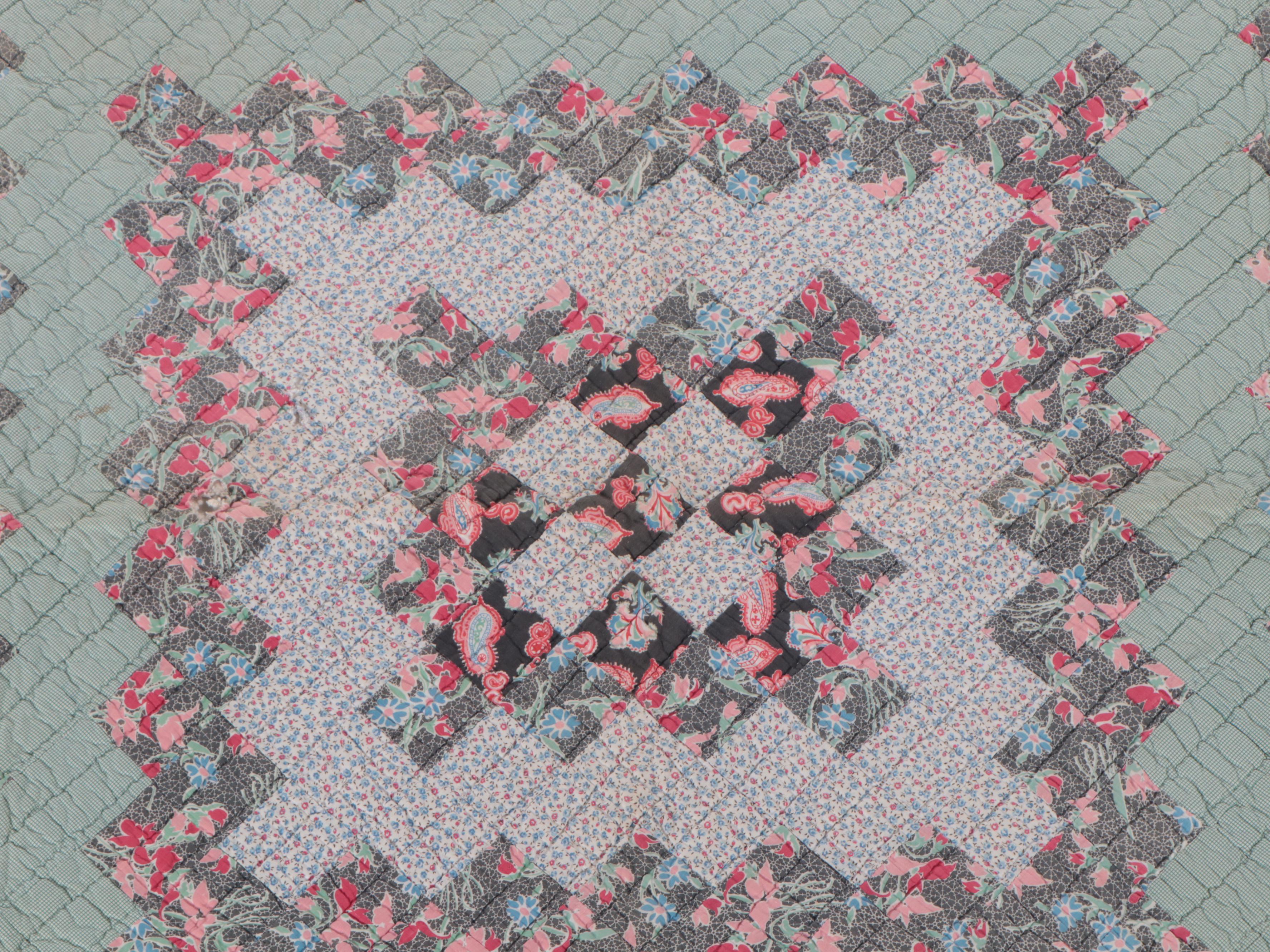 Hand-Pieced Calico Scrappy Diamond Cotton Quilt