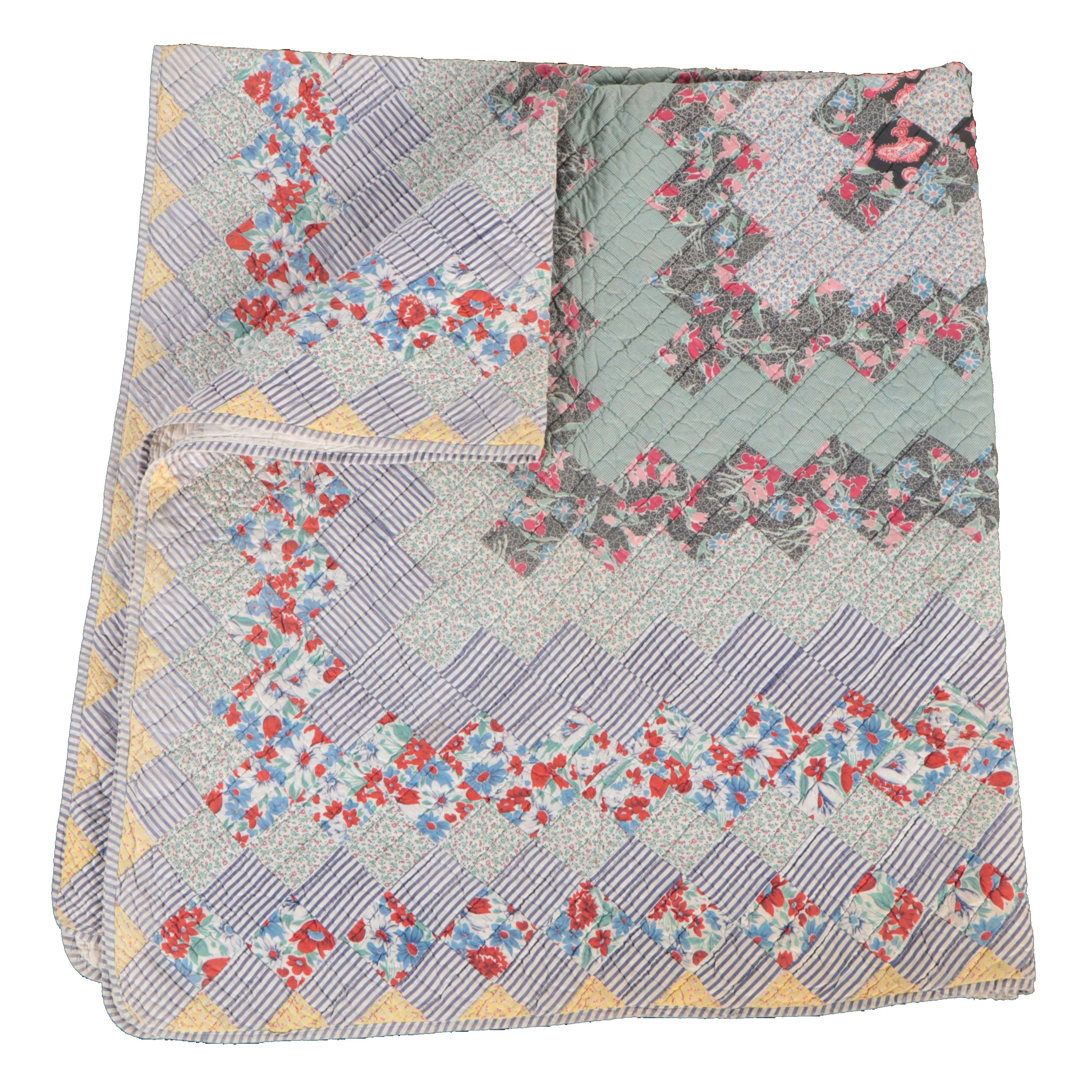 Hand-Pieced Calico Scrappy Diamond Cotton Quilt