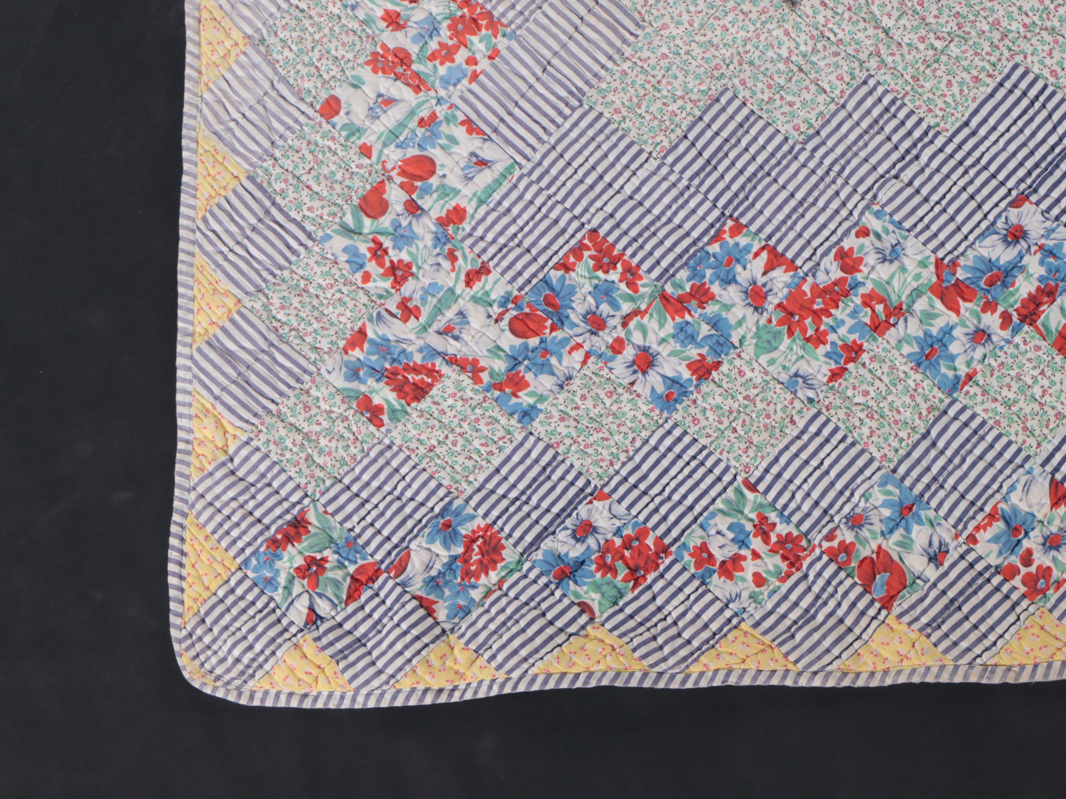 Hand-Pieced Calico Scrappy Diamond Cotton Quilt