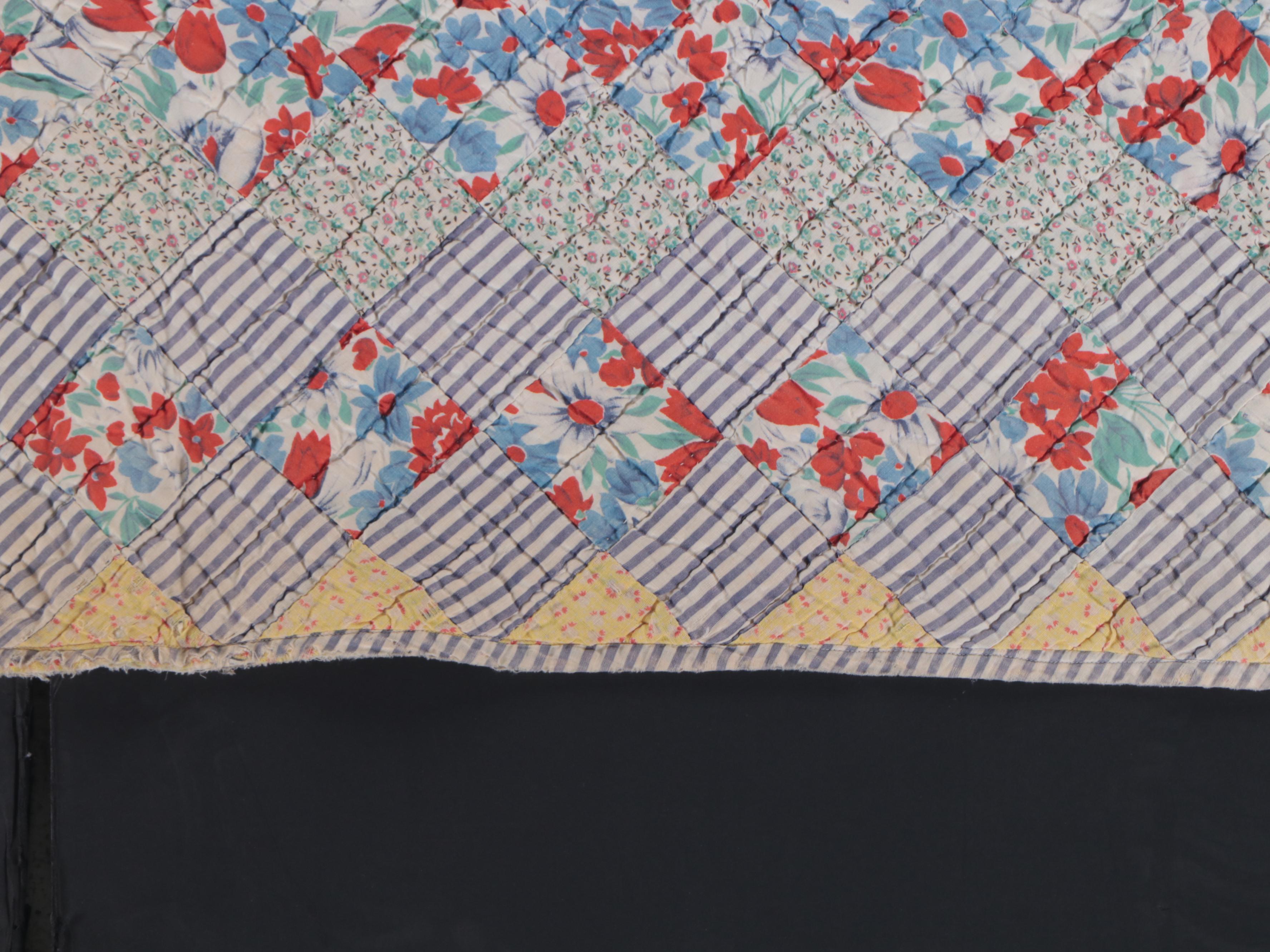 Hand-Pieced Calico Scrappy Diamond Cotton Quilt