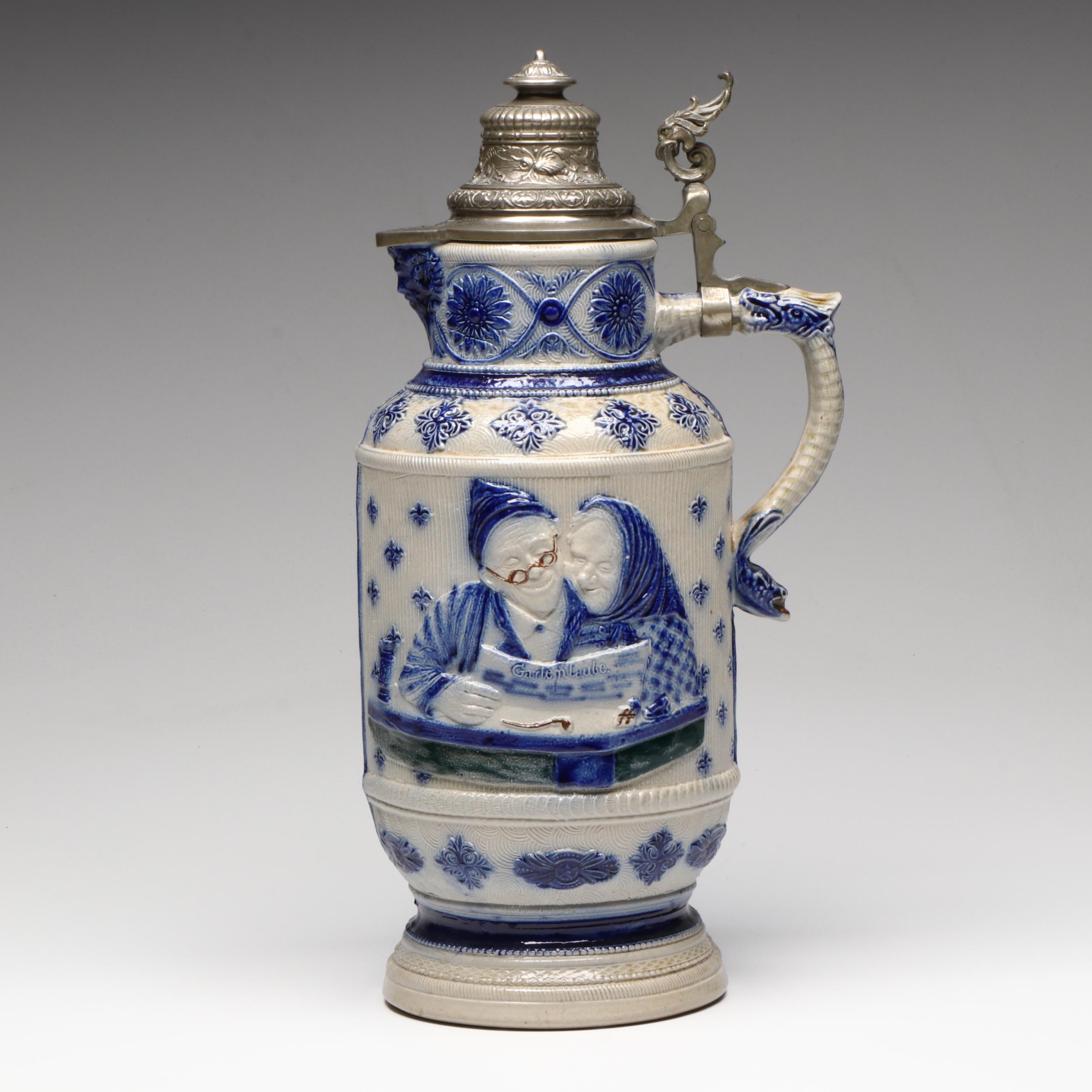 German Salt Glaze Stoneware Beer Pitcher with Pewter Lid