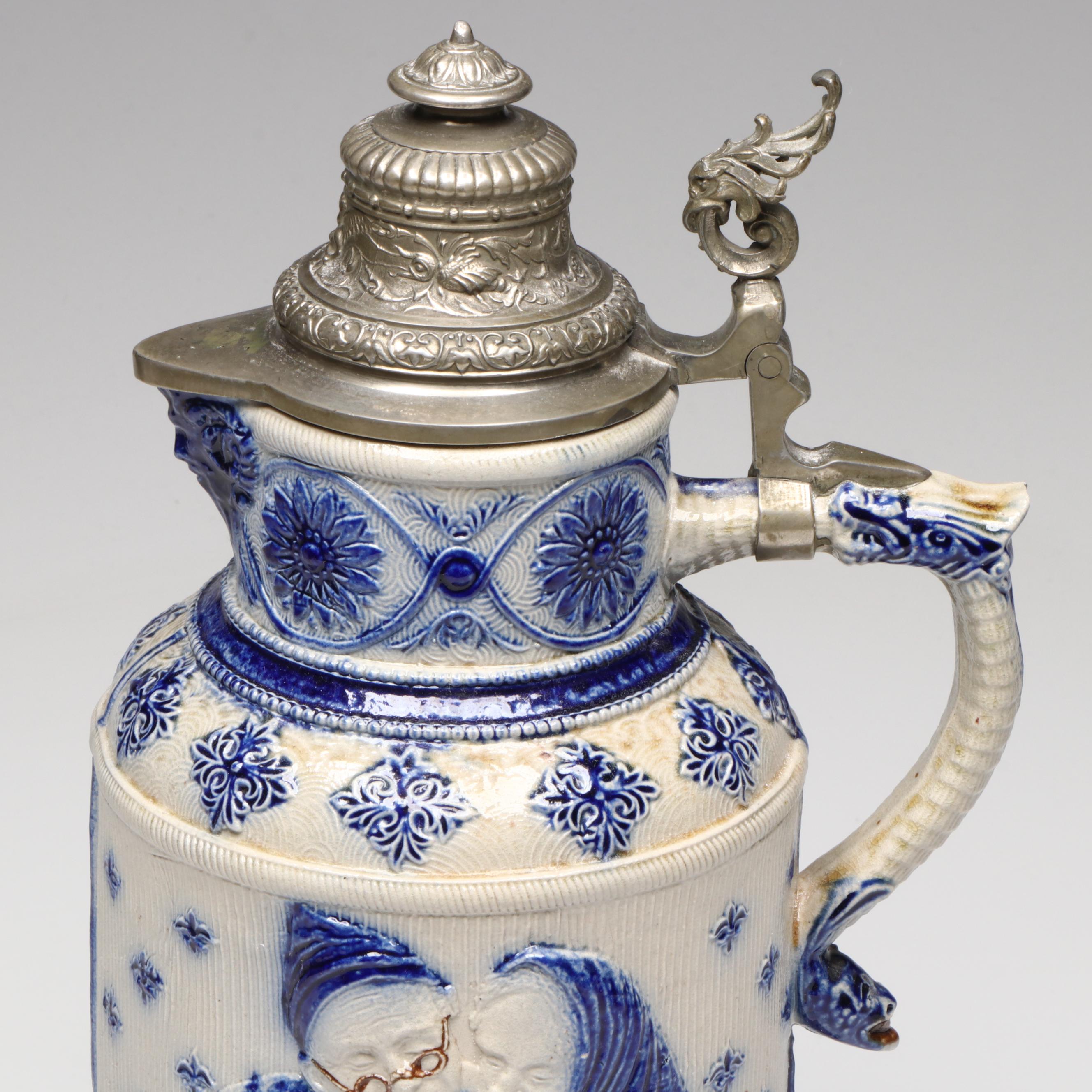 German Salt Glaze Stoneware Beer Pitcher with Pewter Lid