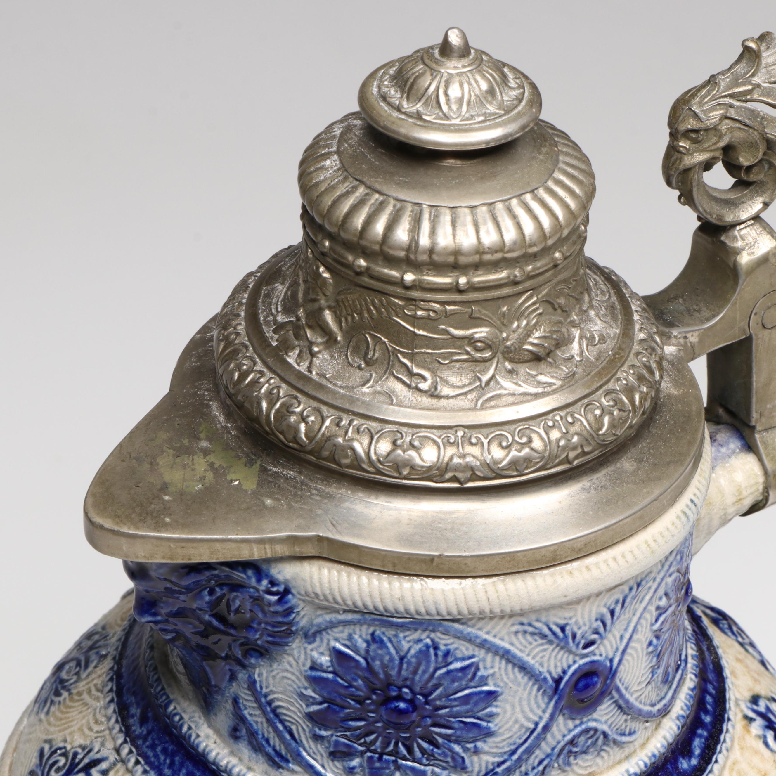 German Salt Glaze Stoneware Beer Pitcher with Pewter Lid