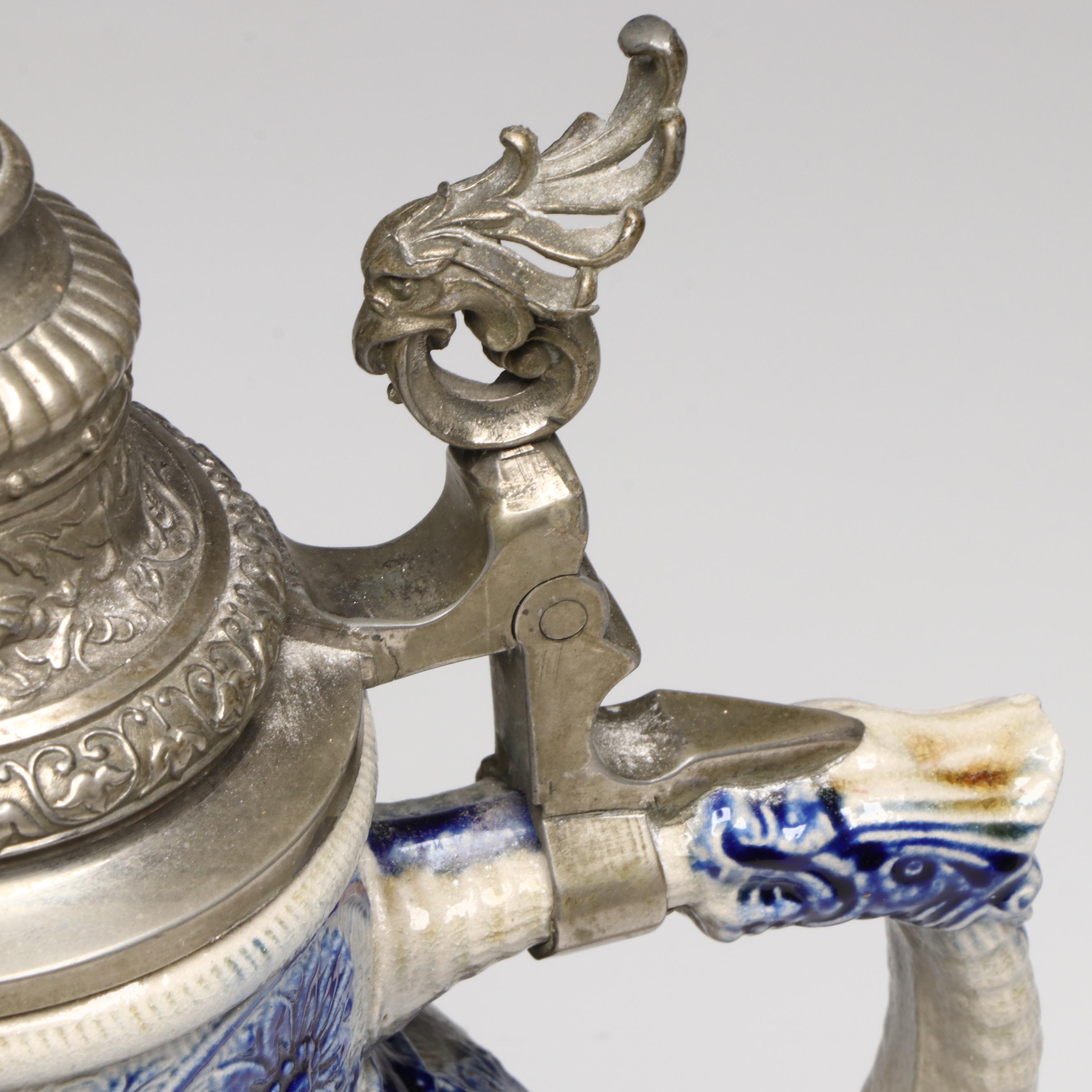 German Salt Glaze Stoneware Beer Pitcher with Pewter Lid