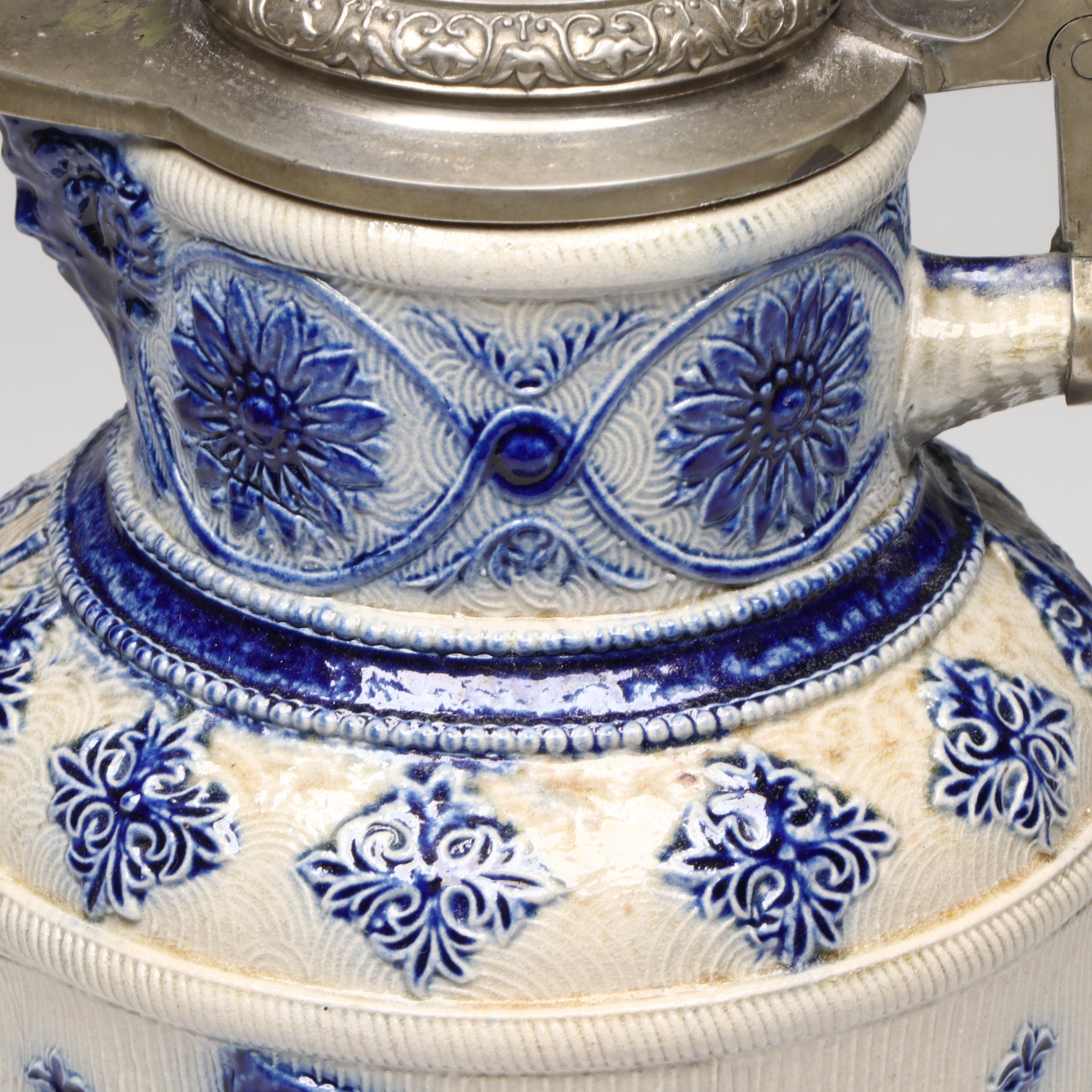 German Salt Glaze Stoneware Beer Pitcher with Pewter Lid