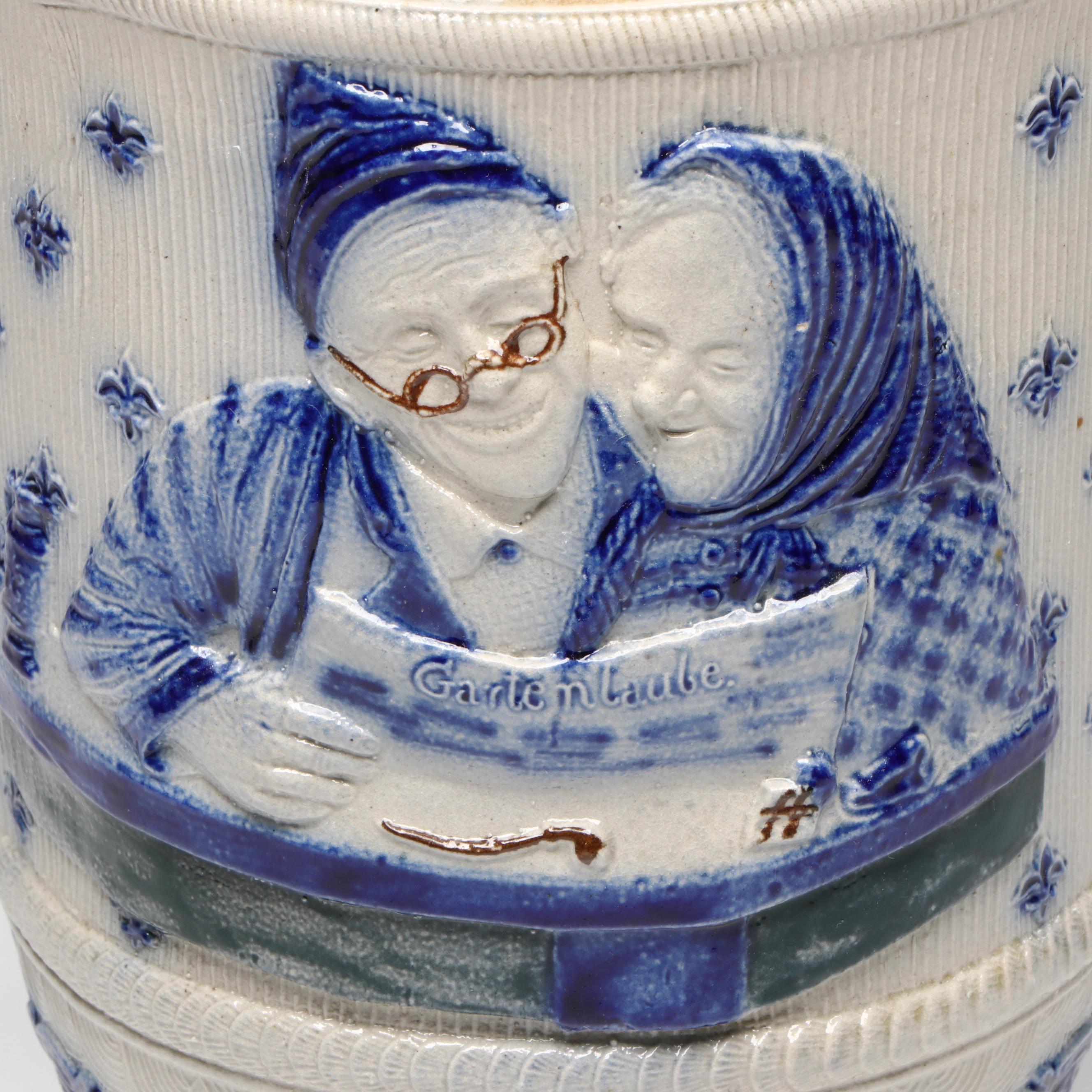 German Salt Glaze Stoneware Beer Pitcher with Pewter Lid