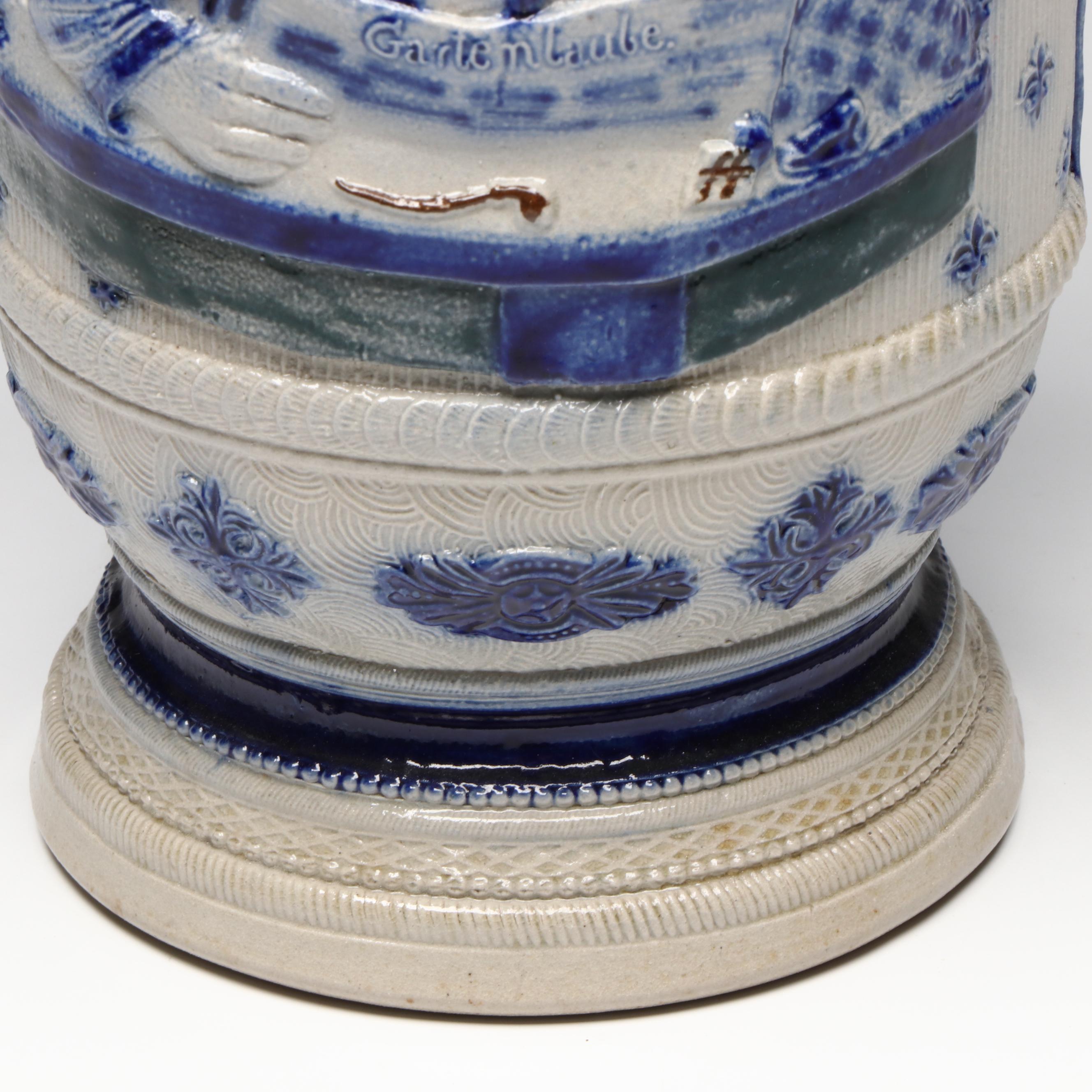 German Salt Glaze Stoneware Beer Pitcher with Pewter Lid