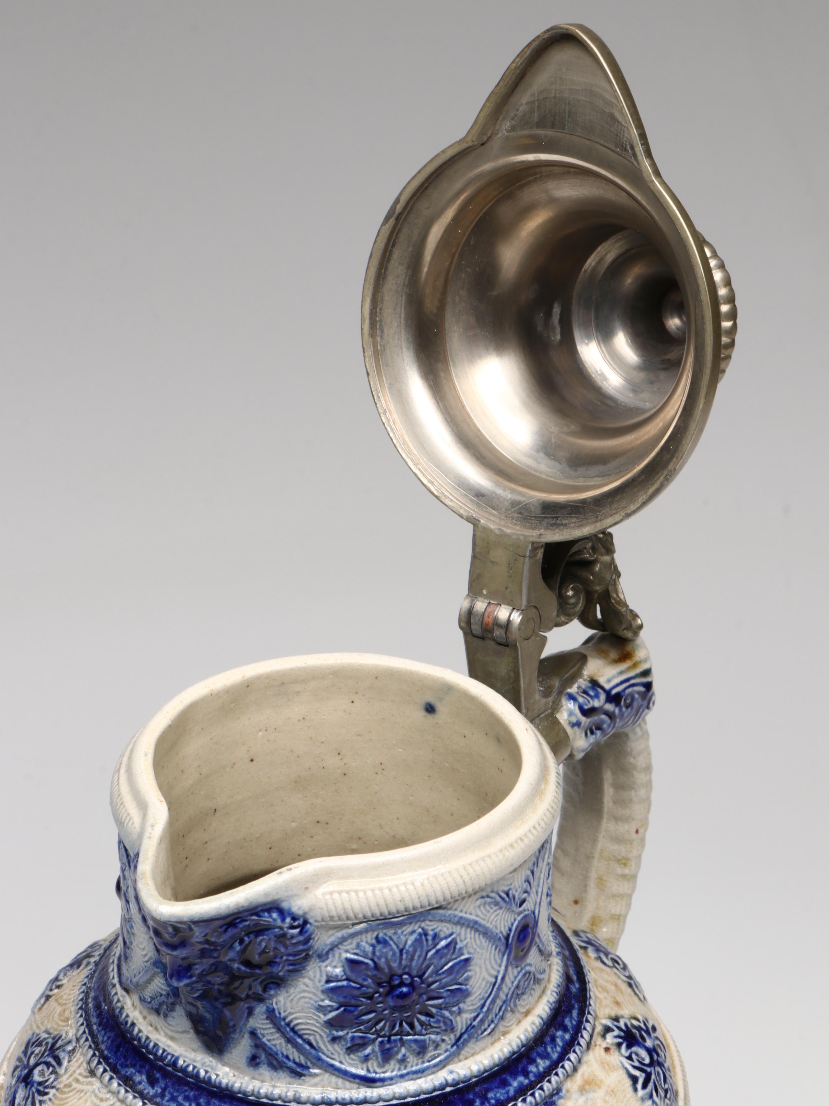 German Salt Glaze Stoneware Beer Pitcher with Pewter Lid