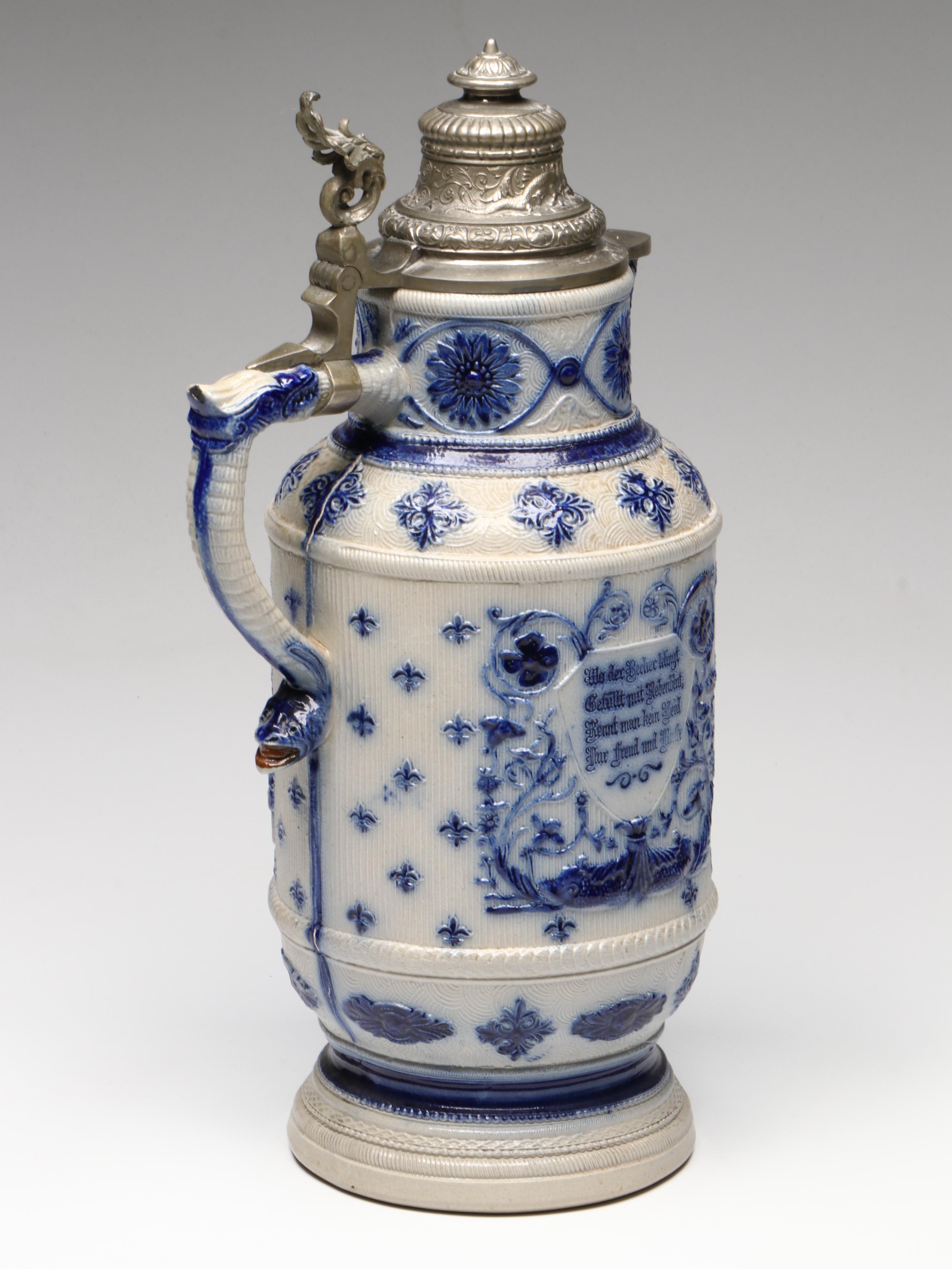 German Salt Glaze Stoneware Beer Pitcher with Pewter Lid