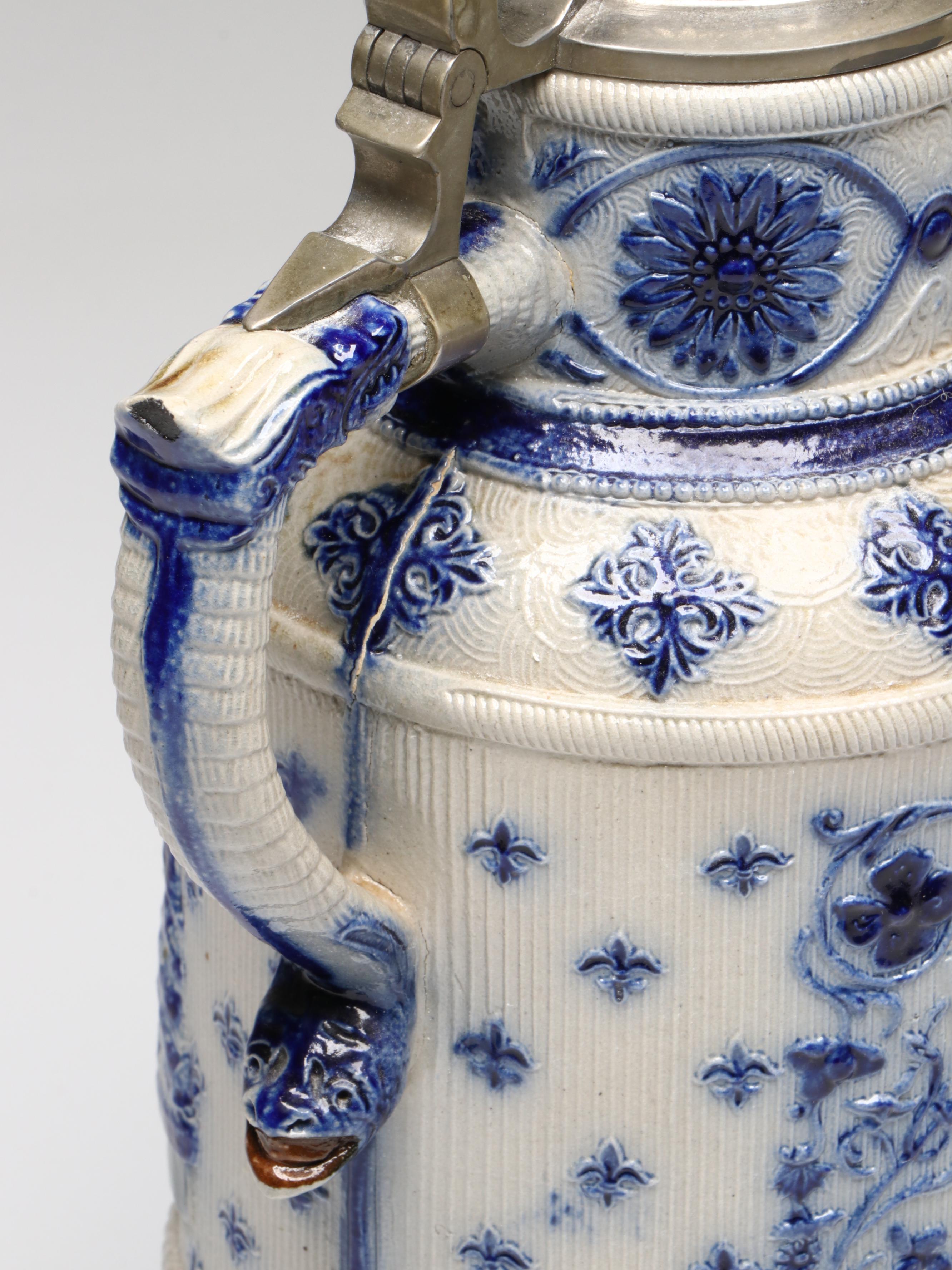 German Salt Glaze Stoneware Beer Pitcher with Pewter Lid