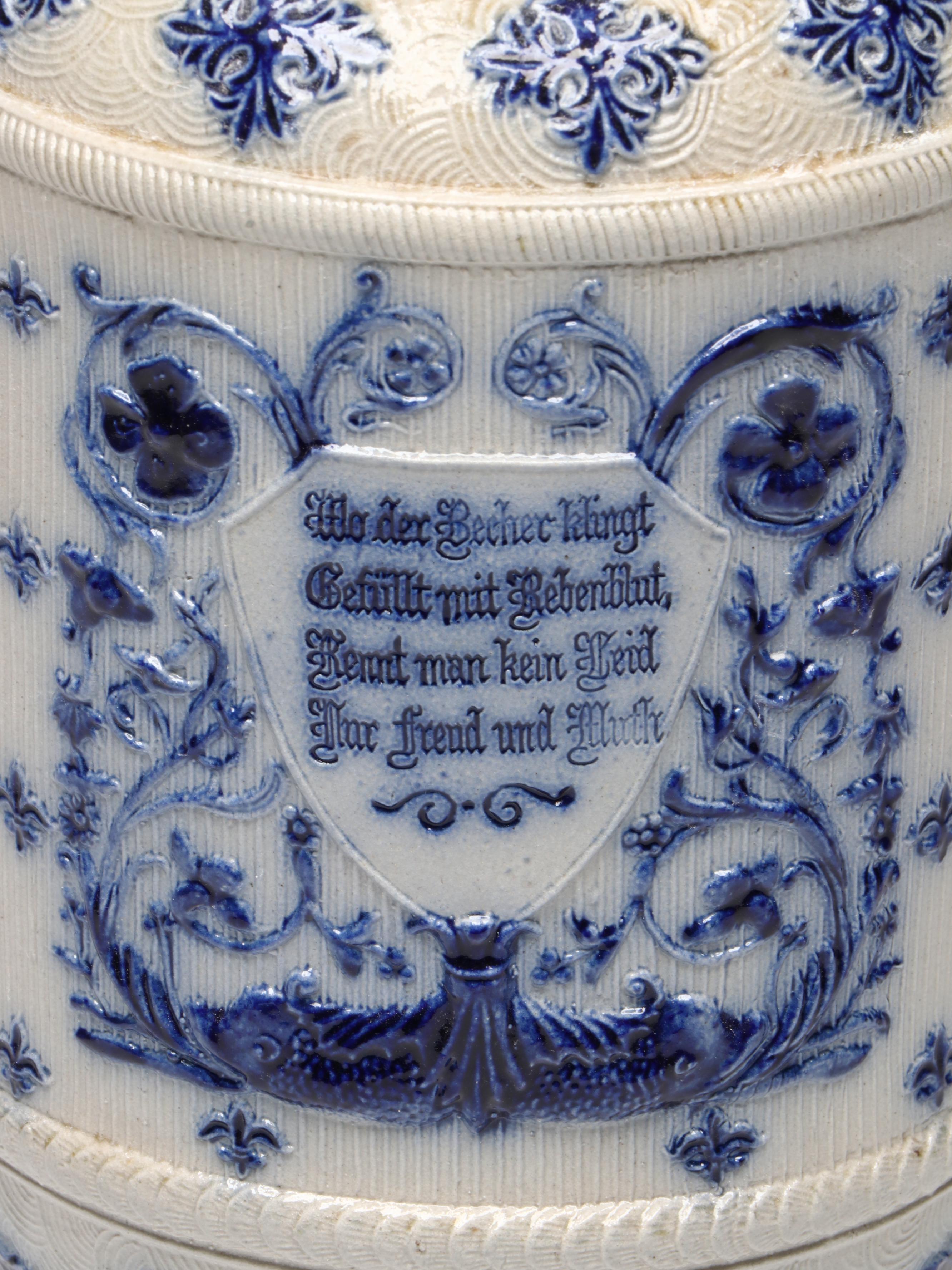 German Salt Glaze Stoneware Beer Pitcher with Pewter Lid