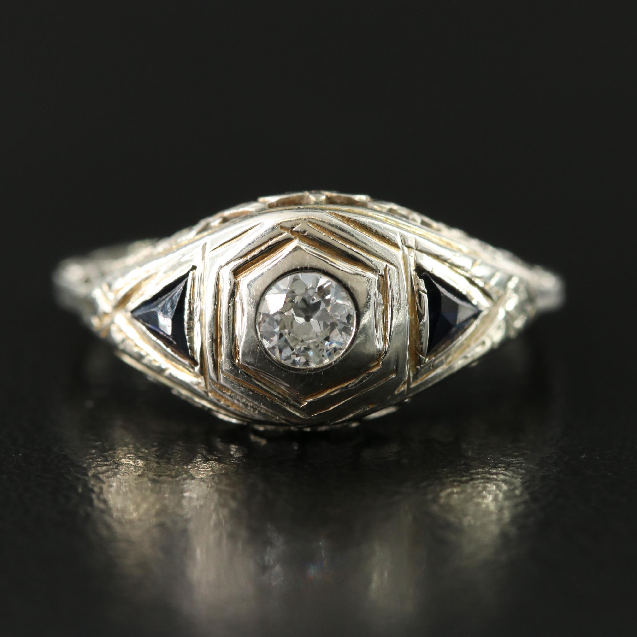 Art Deco 18K Diamond and Sapphire Ring