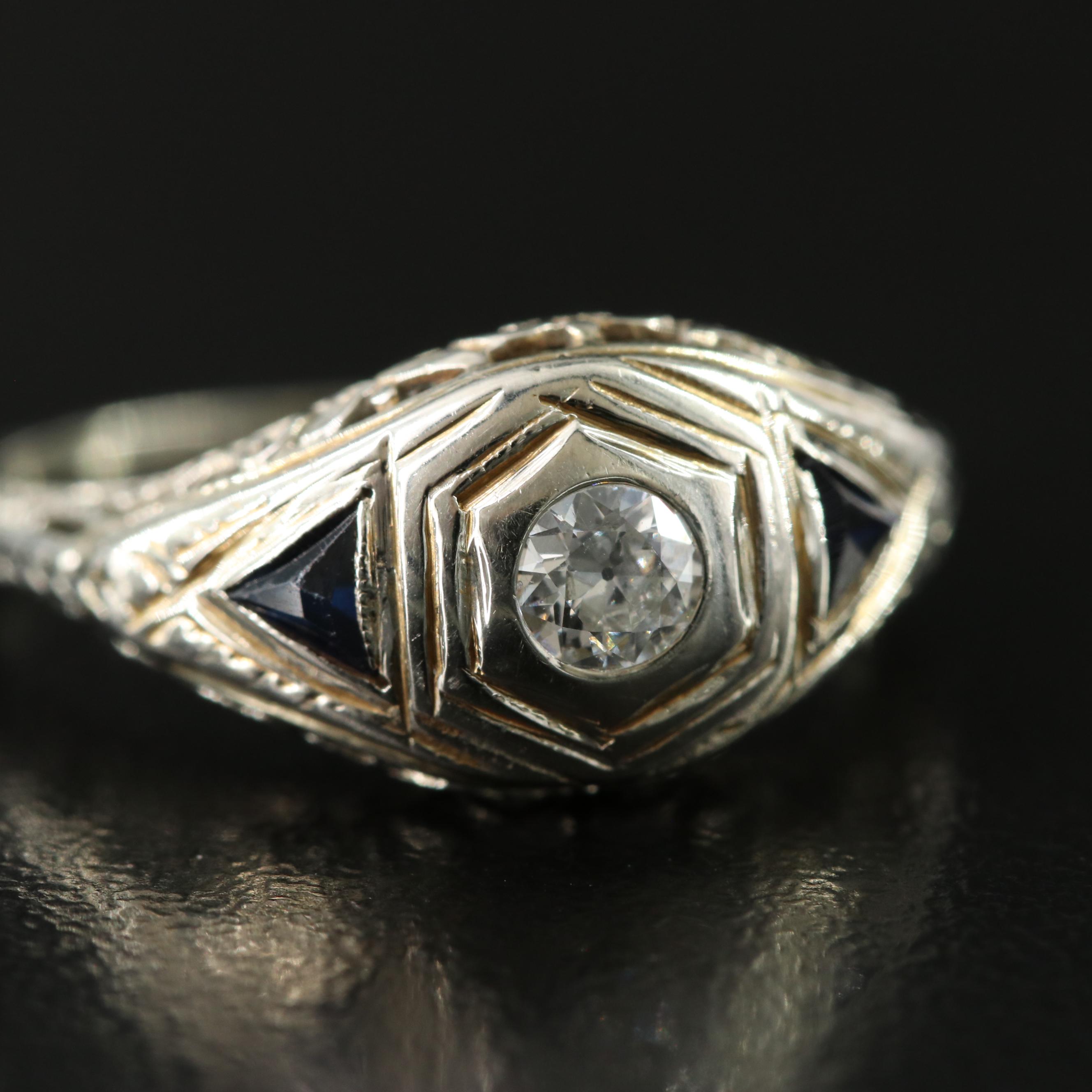 Art Deco 18K Diamond and Sapphire Ring