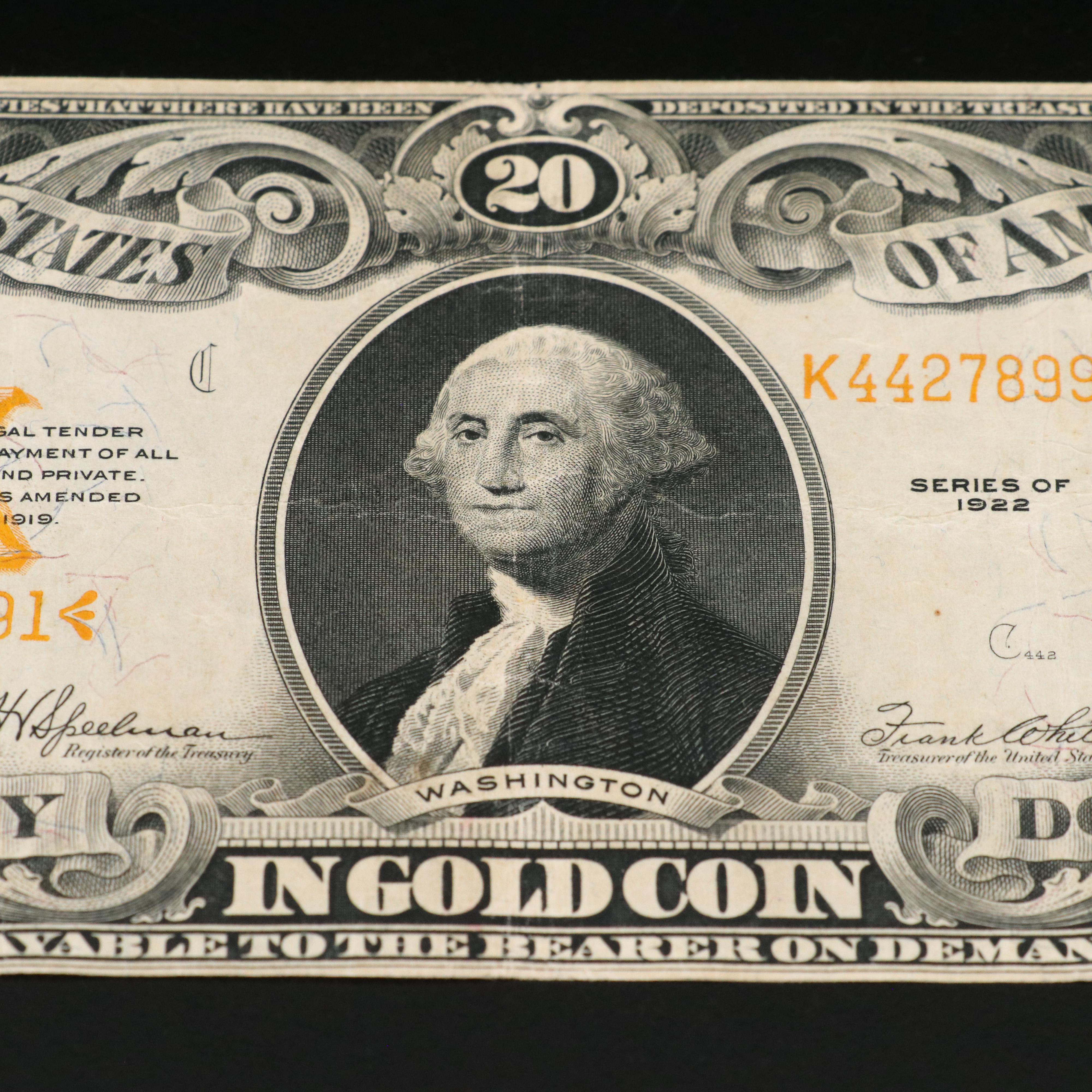 1922 $20 United States Gold Certificate