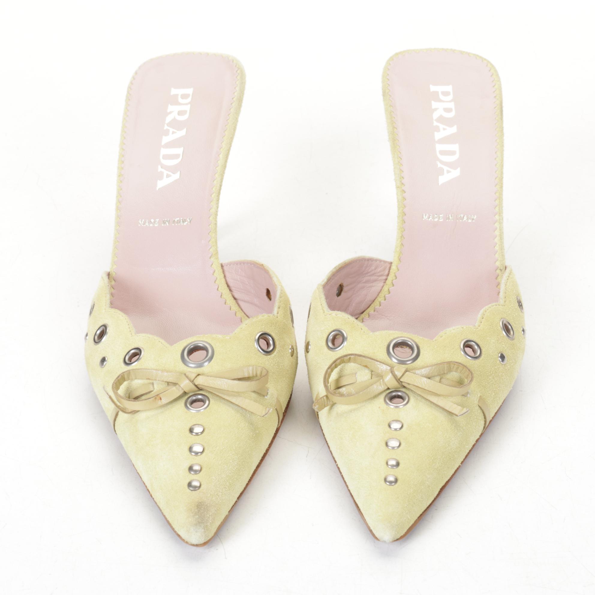 Prada Pistachio Suede Perforated Eyelet D'orsay Pumps