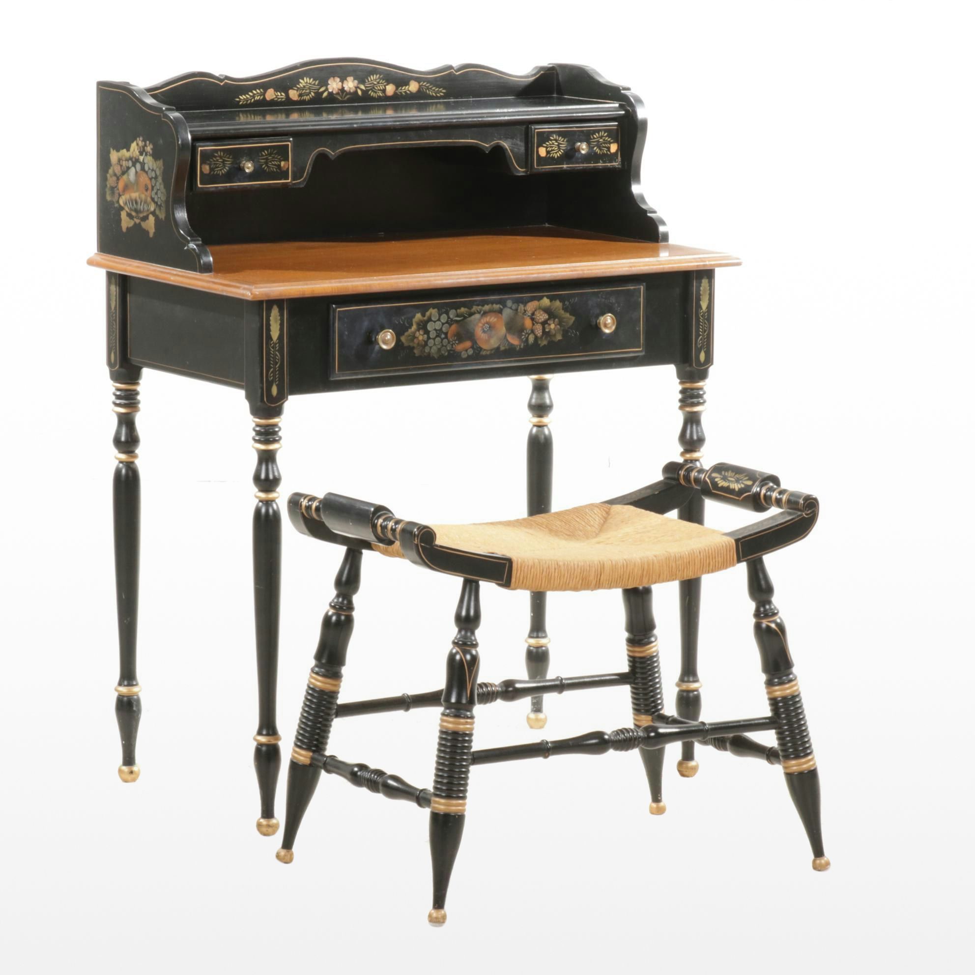 Ethan Allen Stencil Decorated Ebonized Wood Writing Desk and Rush Seat Stool