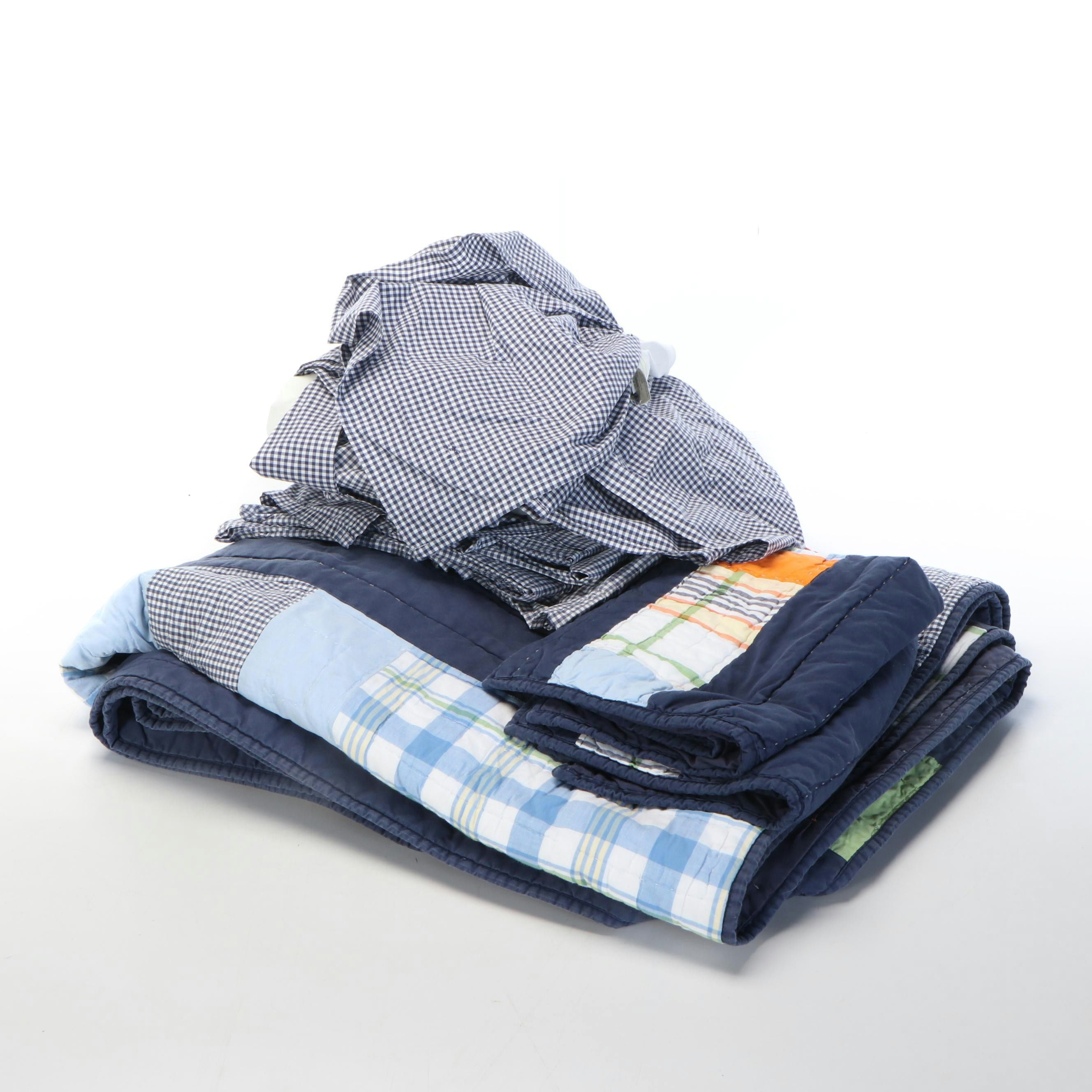 Pottery Barn Kids Plaid Patchwork Queen Quilt & Shams, Navy Gingham Bed Skirt