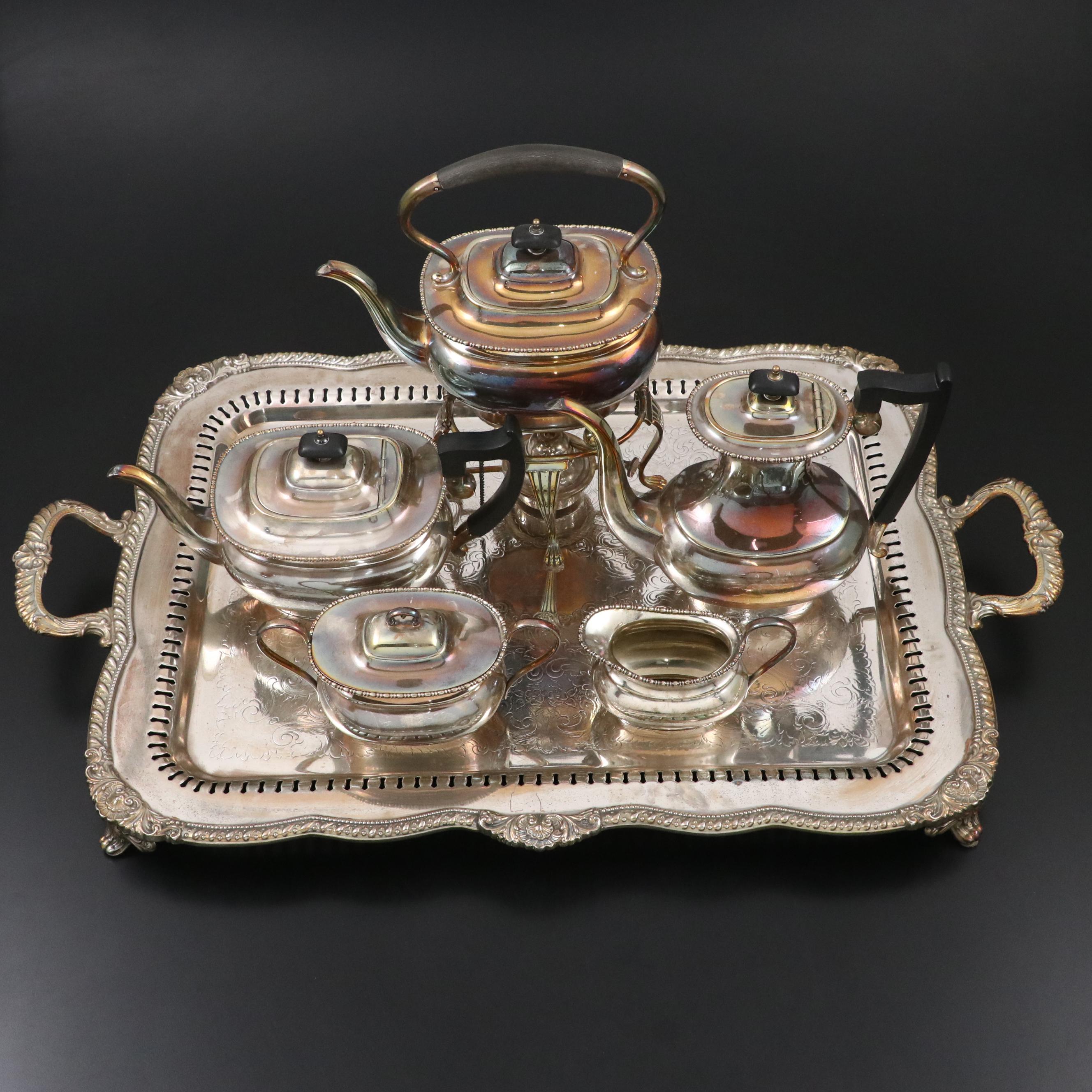 Goldfeder Silver Plate Tray with English Regency Style Tea Set, 20th Century