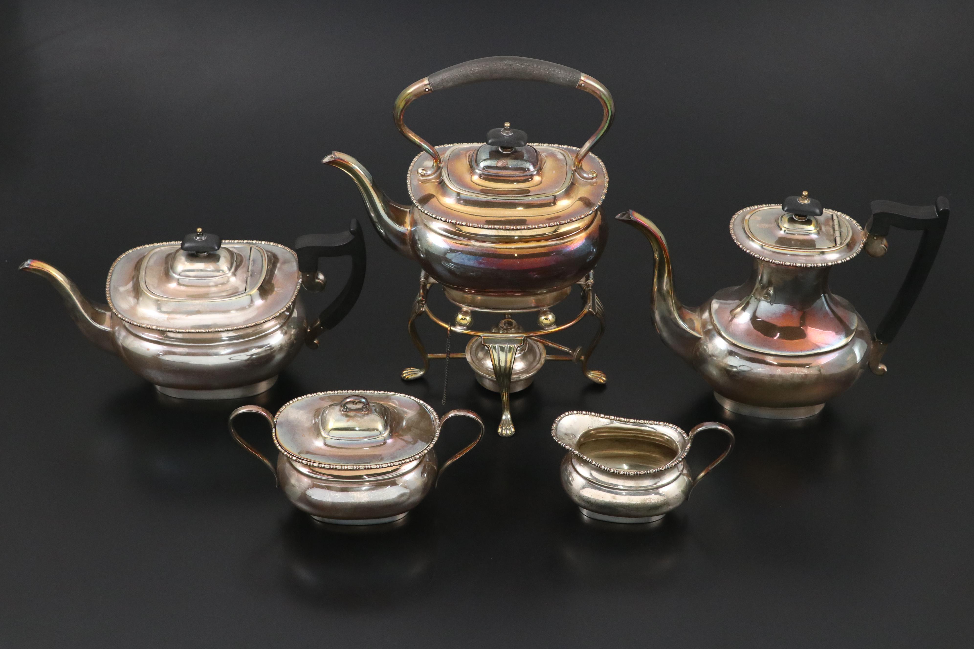Goldfeder Silver Plate Tray with English Regency Style Tea Set, 20th Century