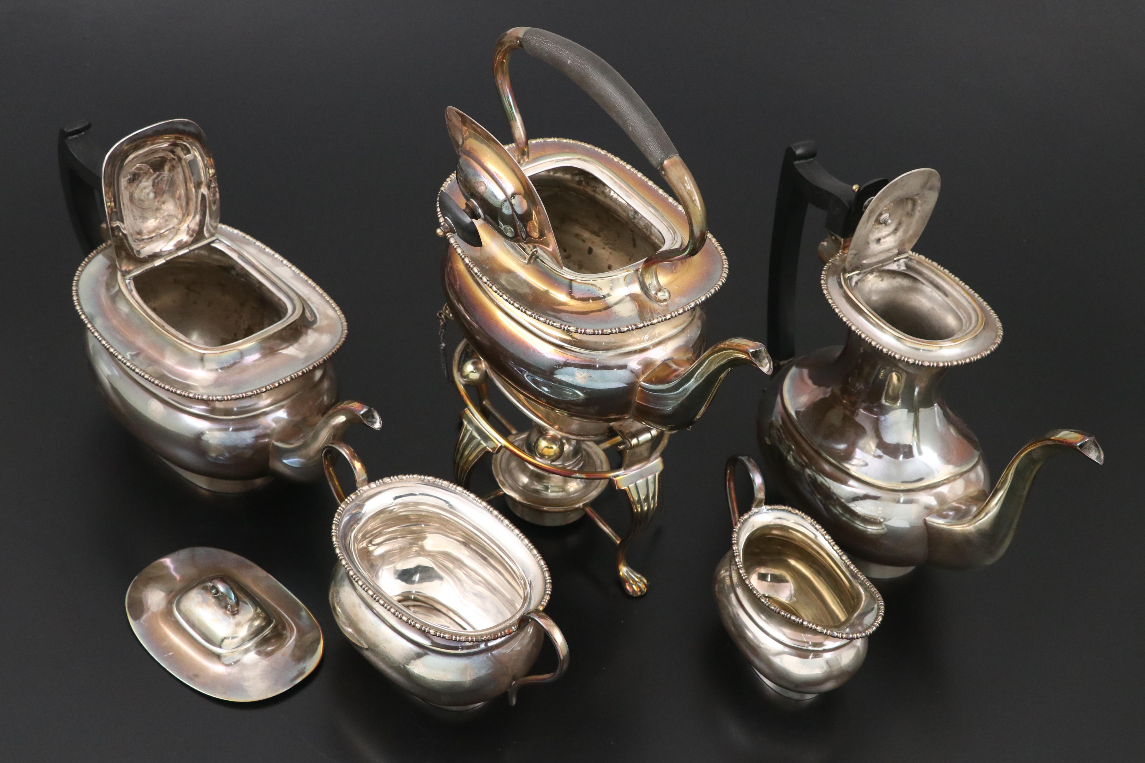 Goldfeder Silver Plate Tray with English Regency Style Tea Set, 20th Century