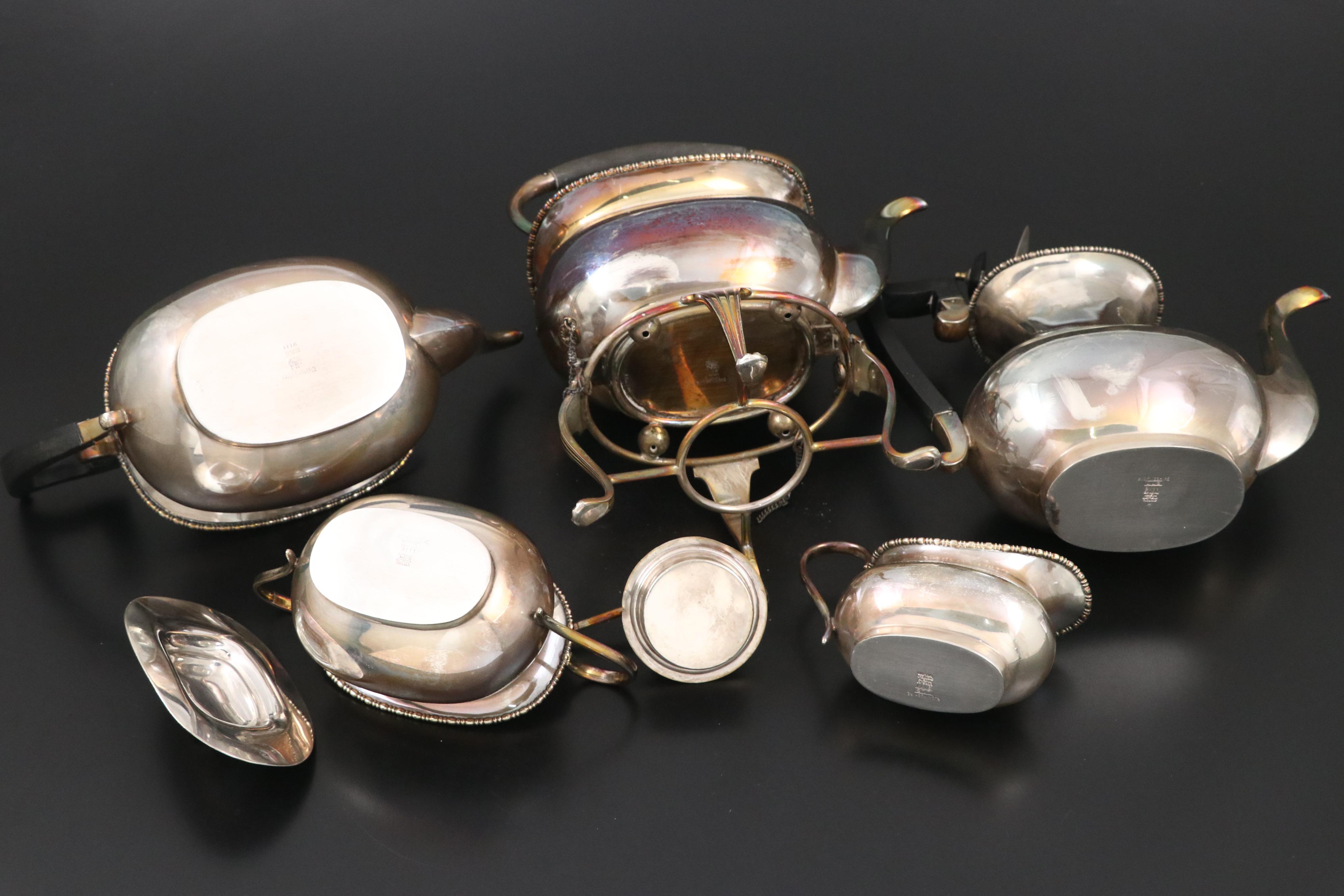 Goldfeder Silver Plate Tray with English Regency Style Tea Set, 20th Century