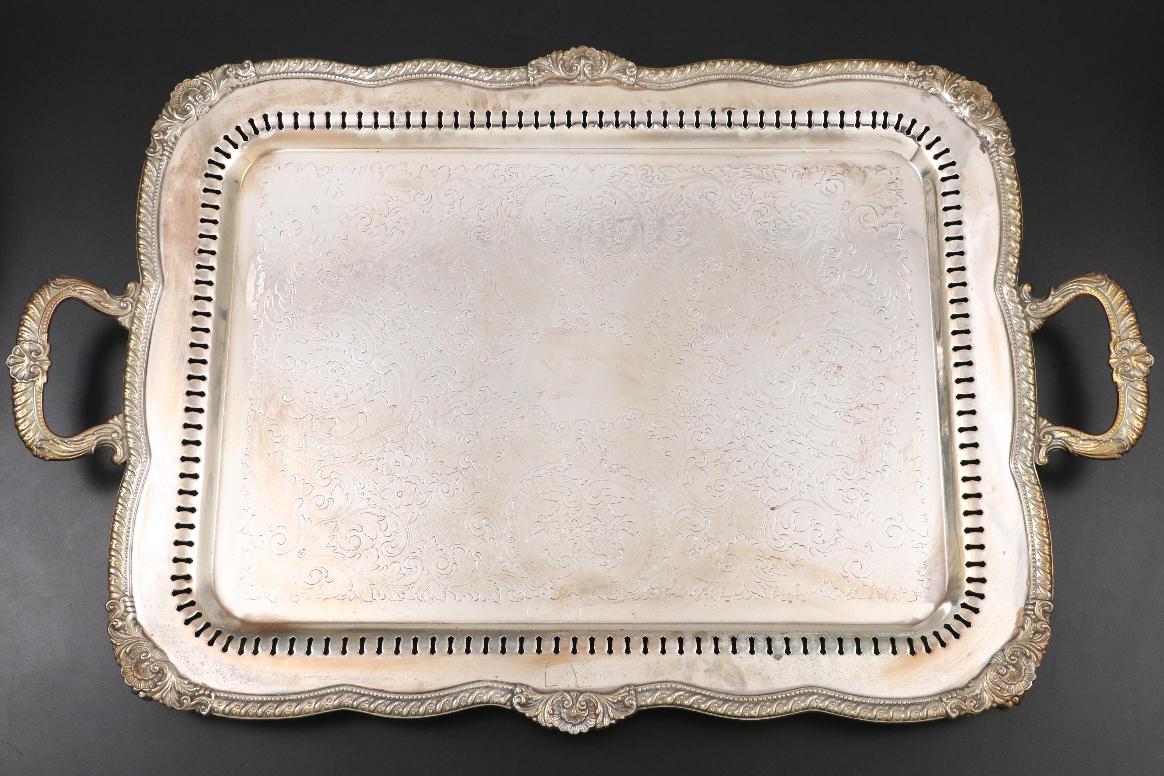 Goldfeder Silver Plate Tray with English Regency Style Tea Set, 20th Century