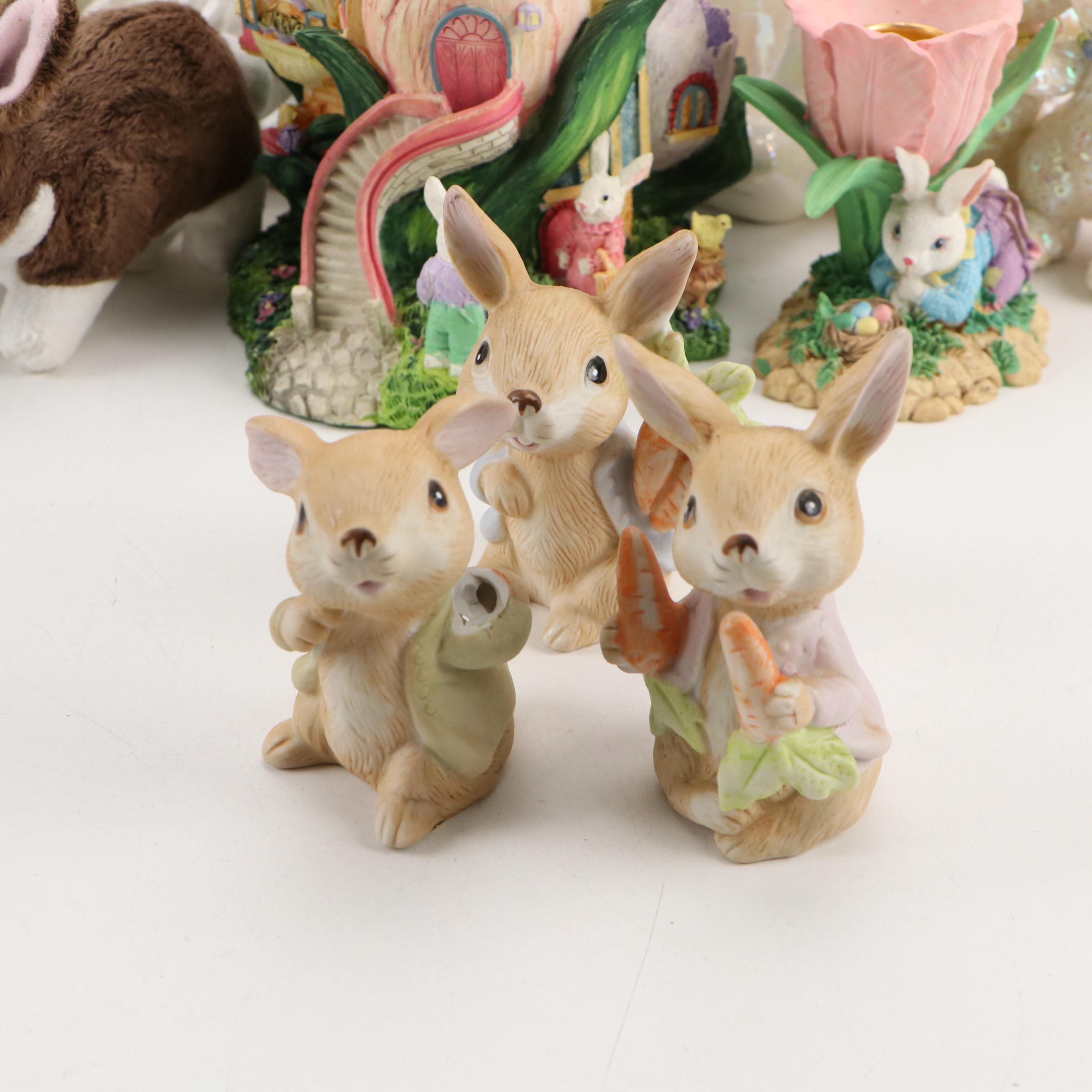 Rabbit on Nest Candy Dishes with Other Rabbit Figurines and Décor