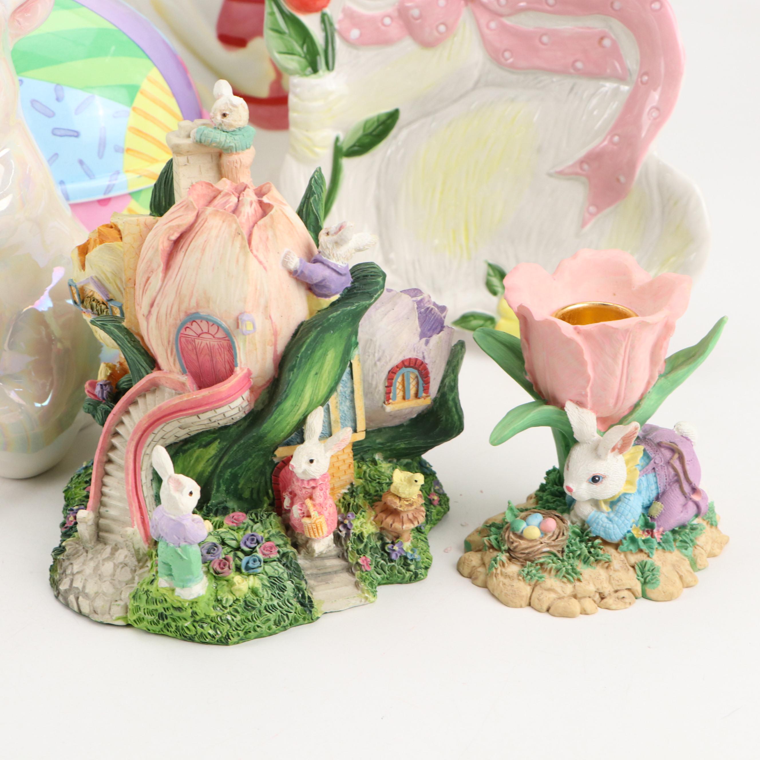 Rabbit on Nest Candy Dishes with Other Rabbit Figurines and Décor