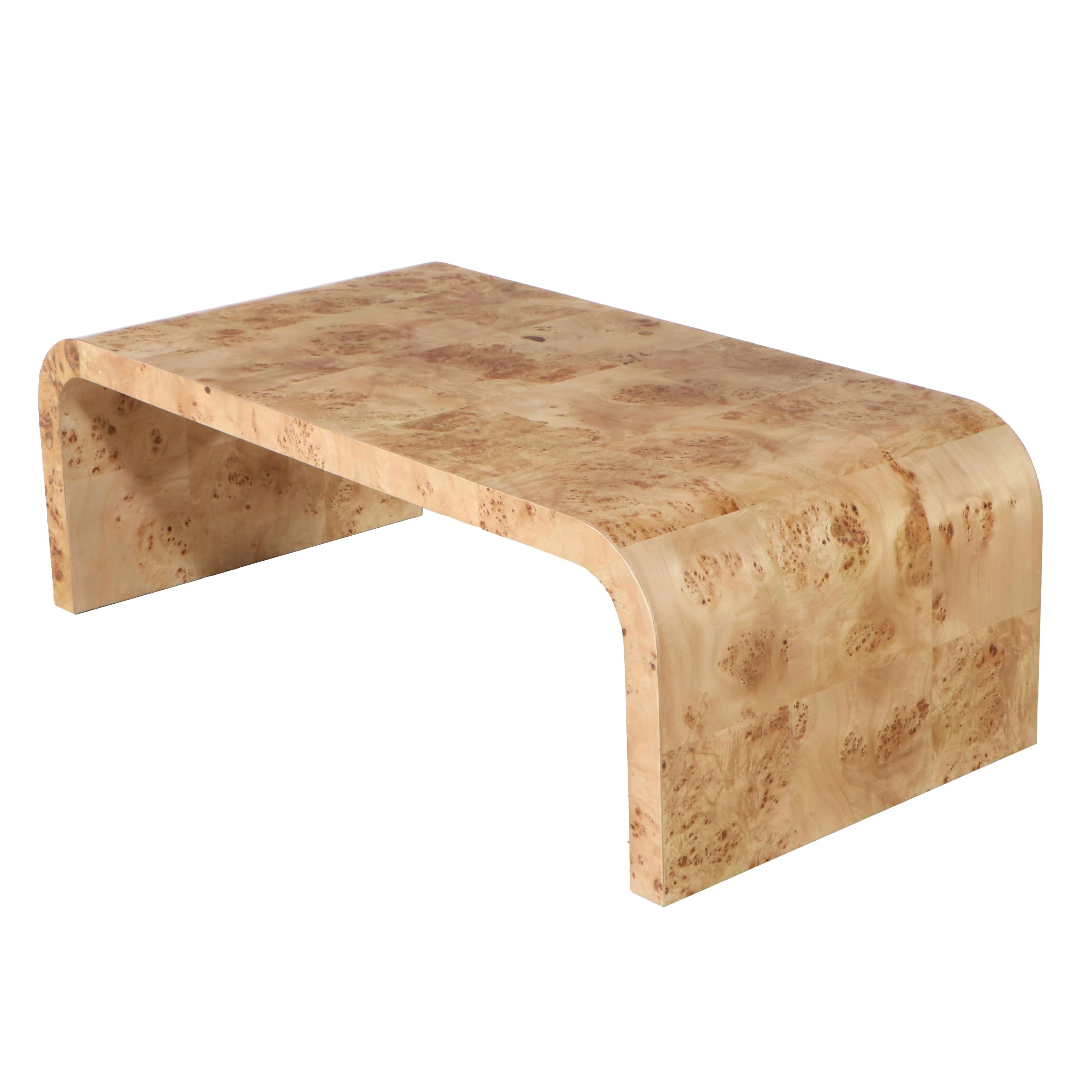 Mid Century Modern Style Tessellated Burl Wood Veneered Waterfall Coffee Table