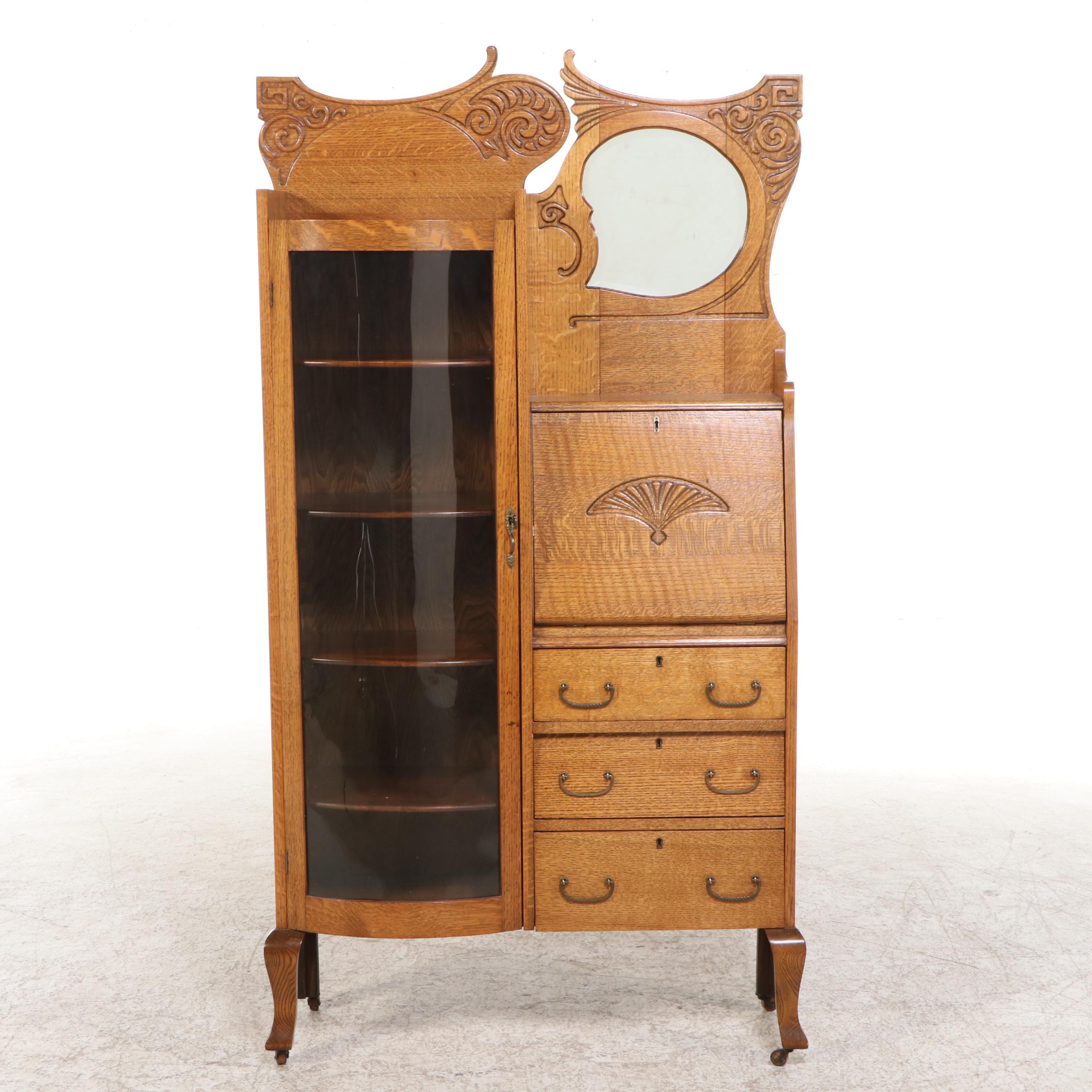 Late Victorian Oak Side-by-Side Secretaire Bookcase, Late 19th/Early 20th C.